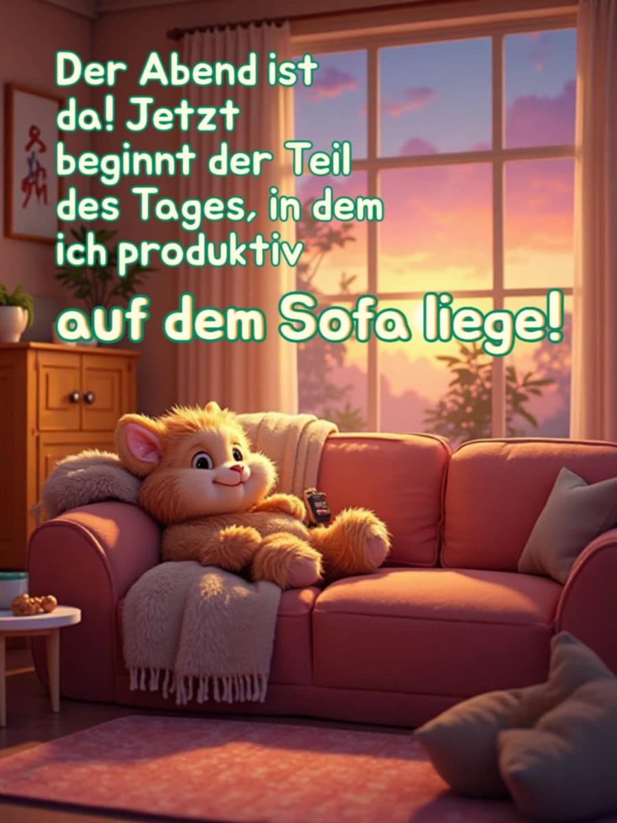 Guten Abend Bild mit Gruß: 'Der Abend ist da! Jetzt beginnt der Teil des Tages, in dem ich produktiv auf dem Sofa leige.'