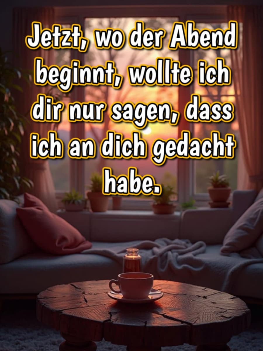 Guten Abend Bild mit Gruß: 'Jetzt, wo der Abend beginnt, wollte ich dir nur sagen, dass ich an dich gedacht habe.'