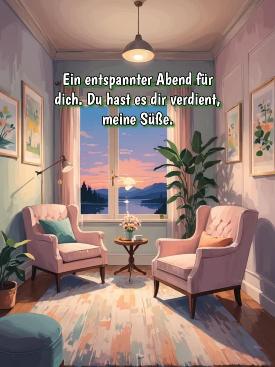Guten Abend Bild mit Gruß: 'Ein entspannter Abend für dich. Du hast es dir verdient, meine Süße.'