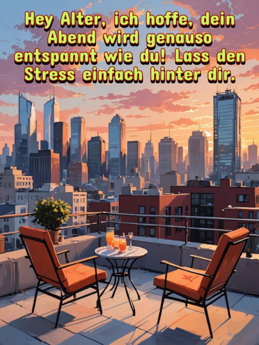 Guten Abend Bild mit Gruß: 'Hey Alter, ich hoffe, dein Abend wird genauso entspannt wie du! Lass den Stress einfach hinter dir.'