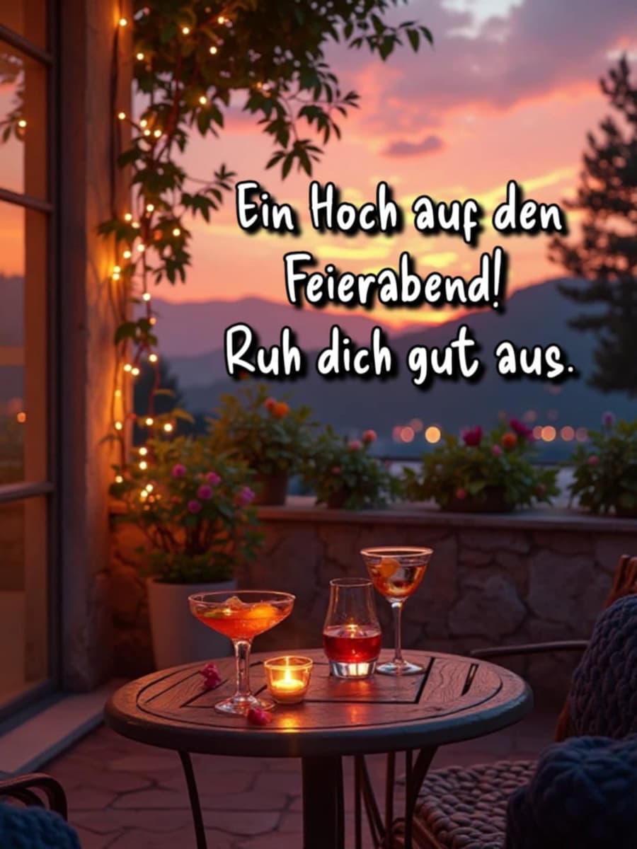 Guten Abend Bild mit Gruß: 'Ein Hoch auf den Feierabend! Ruh dich gut aus.'
