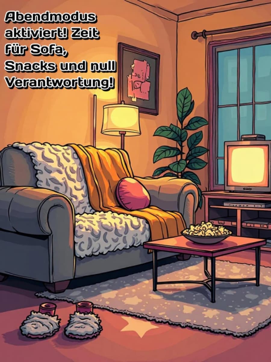 Guten Abend Bild mit Gruß: 'Abendmodus aktiviert! Zeit für Sofa, Snacks und null Verantwortung!'