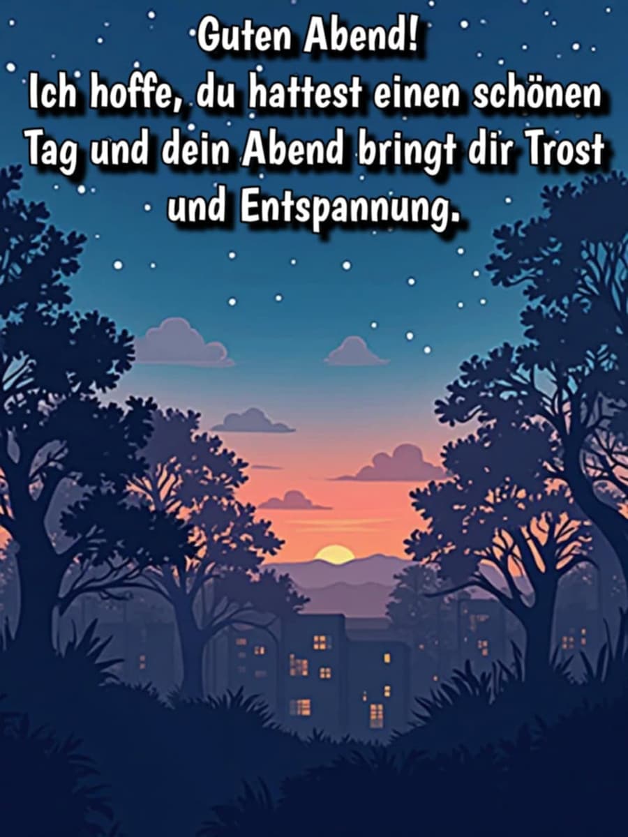 Guten Abend Bild mit Gruß: 'Guten Abend! Ich hoffe, du hattest einen schönen Tag und dein Abend bringt dir Trost und Entspannung.'