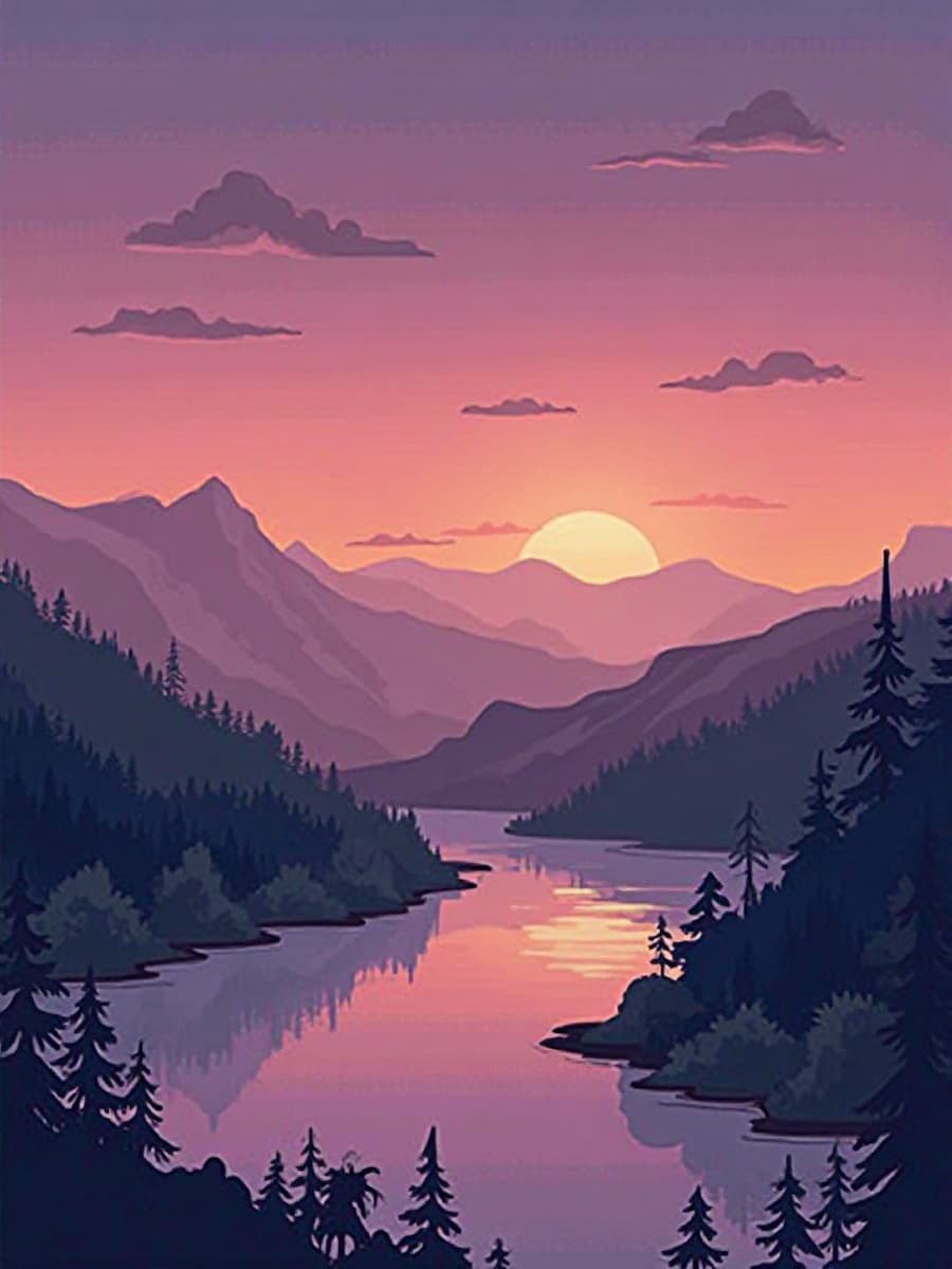 Eine malerische Landschaft in der Dämmerung mit sanften Hügeln