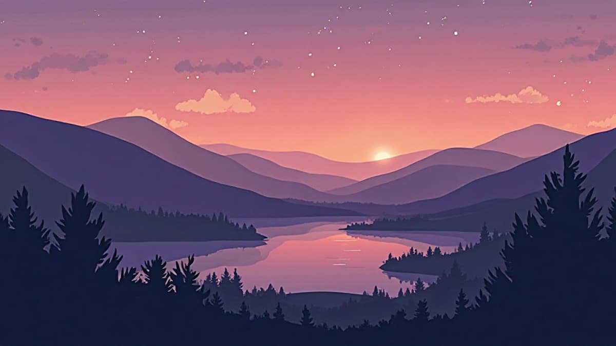 Eine malerische Landschaft in der Dämmerung mit sanften Hügeln