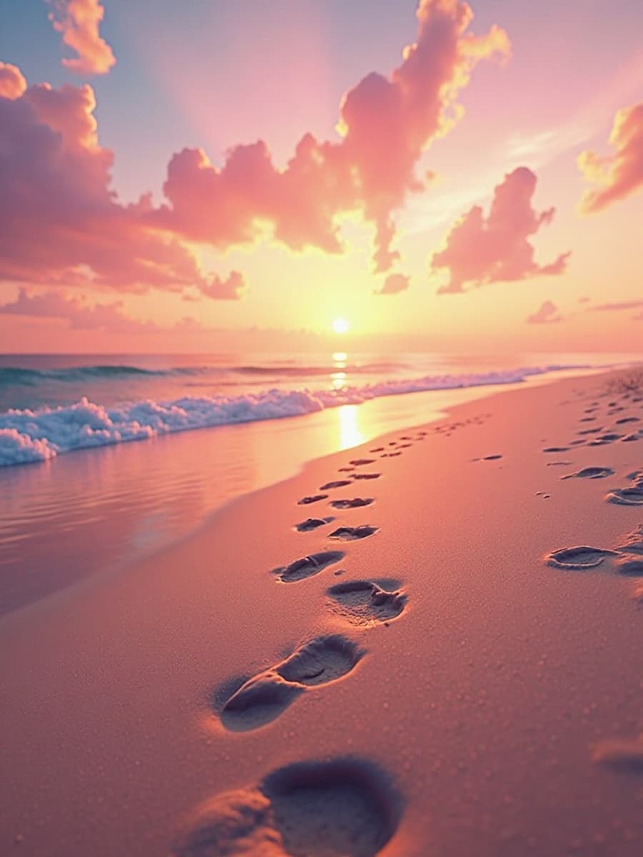 Ein ruhiger Strand bei Sonnenuntergang mit Fußspuren