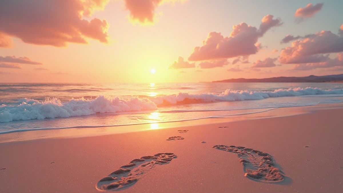 Ein ruhiger Strand bei Sonnenuntergang mit Fußspuren