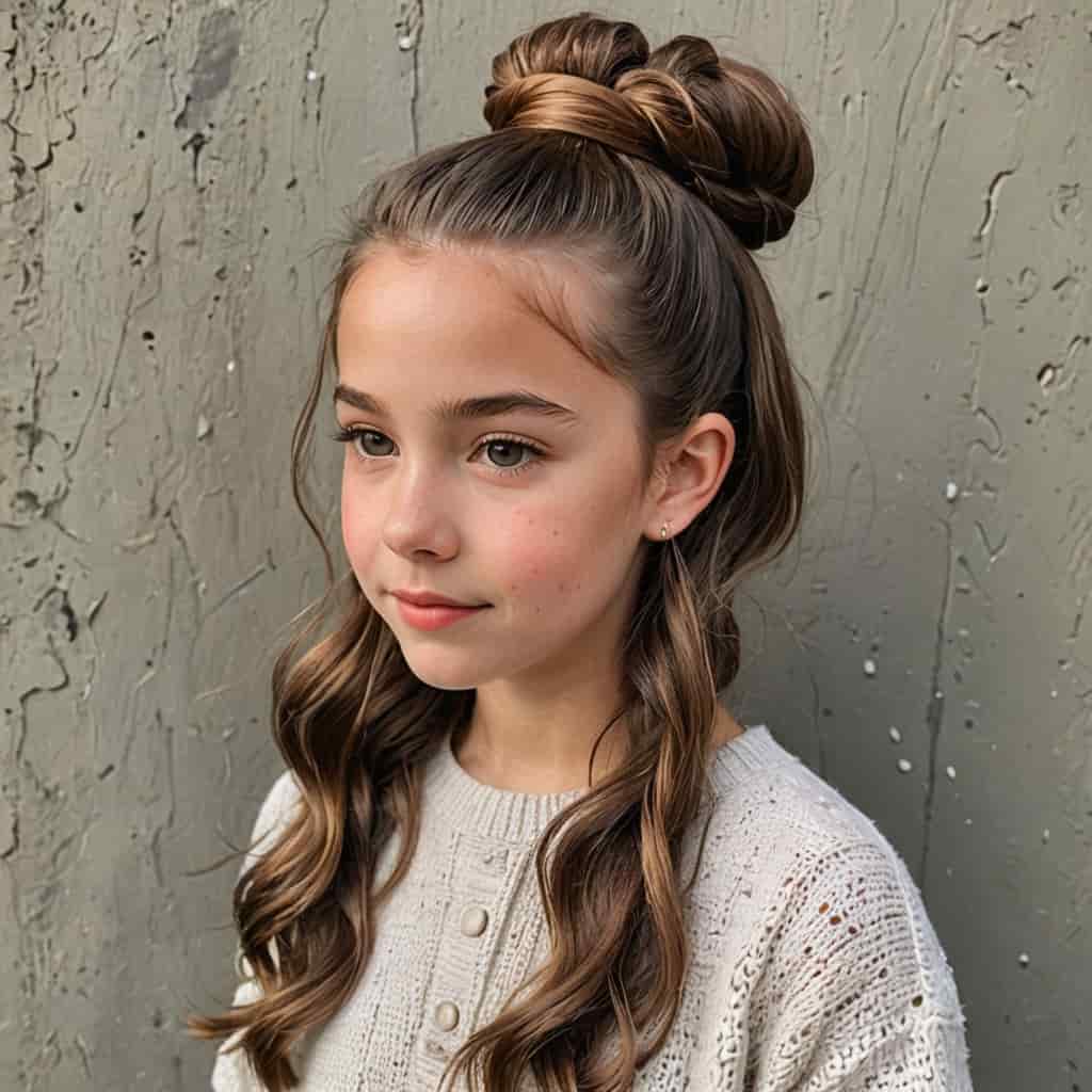 Foto de niña con peinado half up bun con ondas sueltas