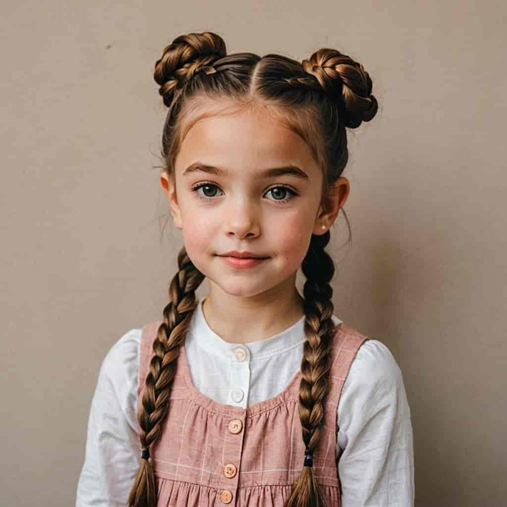 Foto de niña con peinado de dos trenzas bajas con moños