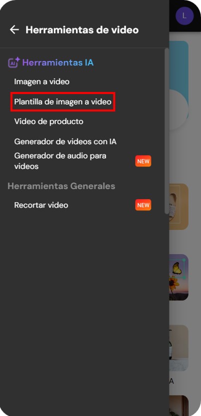 Interfaz de Imagen a video con IA de MyEdit