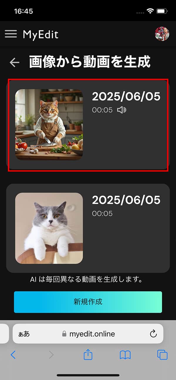 MyEdit 画像から動画生成完成画面