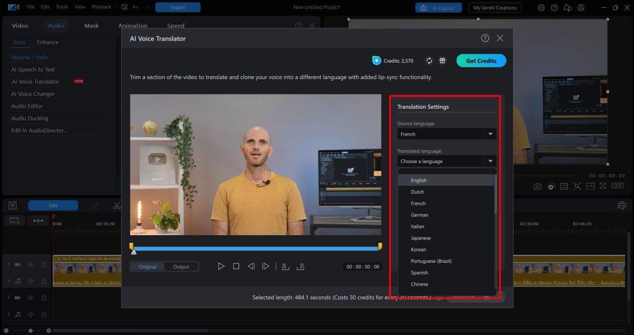 Select language for video translation
