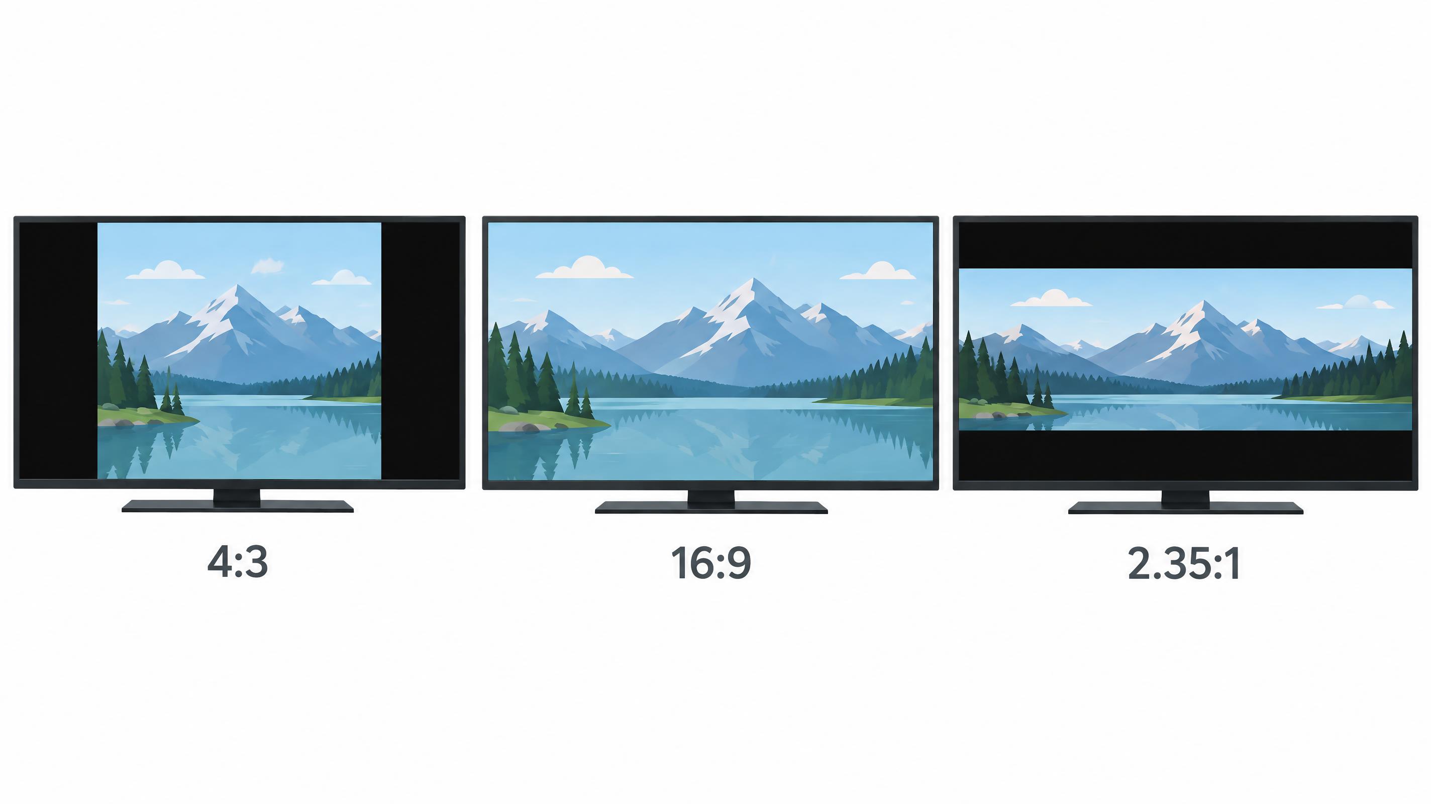 4:3, 16:9 and 2.35:1 video shown on 16:9 TVs, with black bars on the sides or on the top and bottom