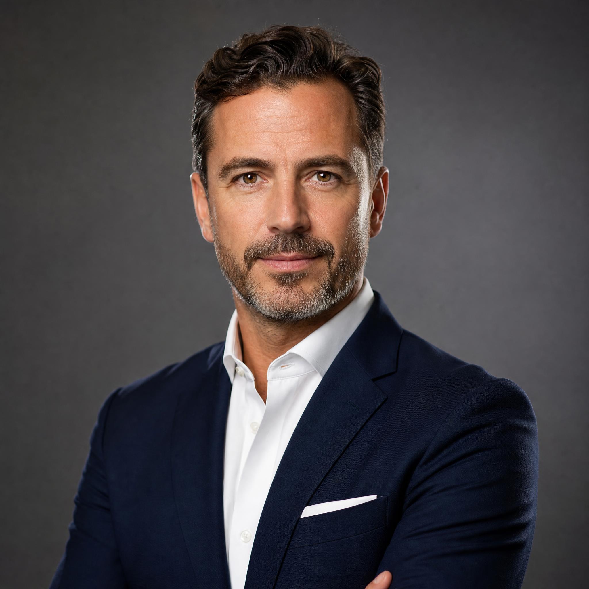 Retrato corporativo de un hombre de mediana edad sobre fondo gris con iluminación de tres puntos