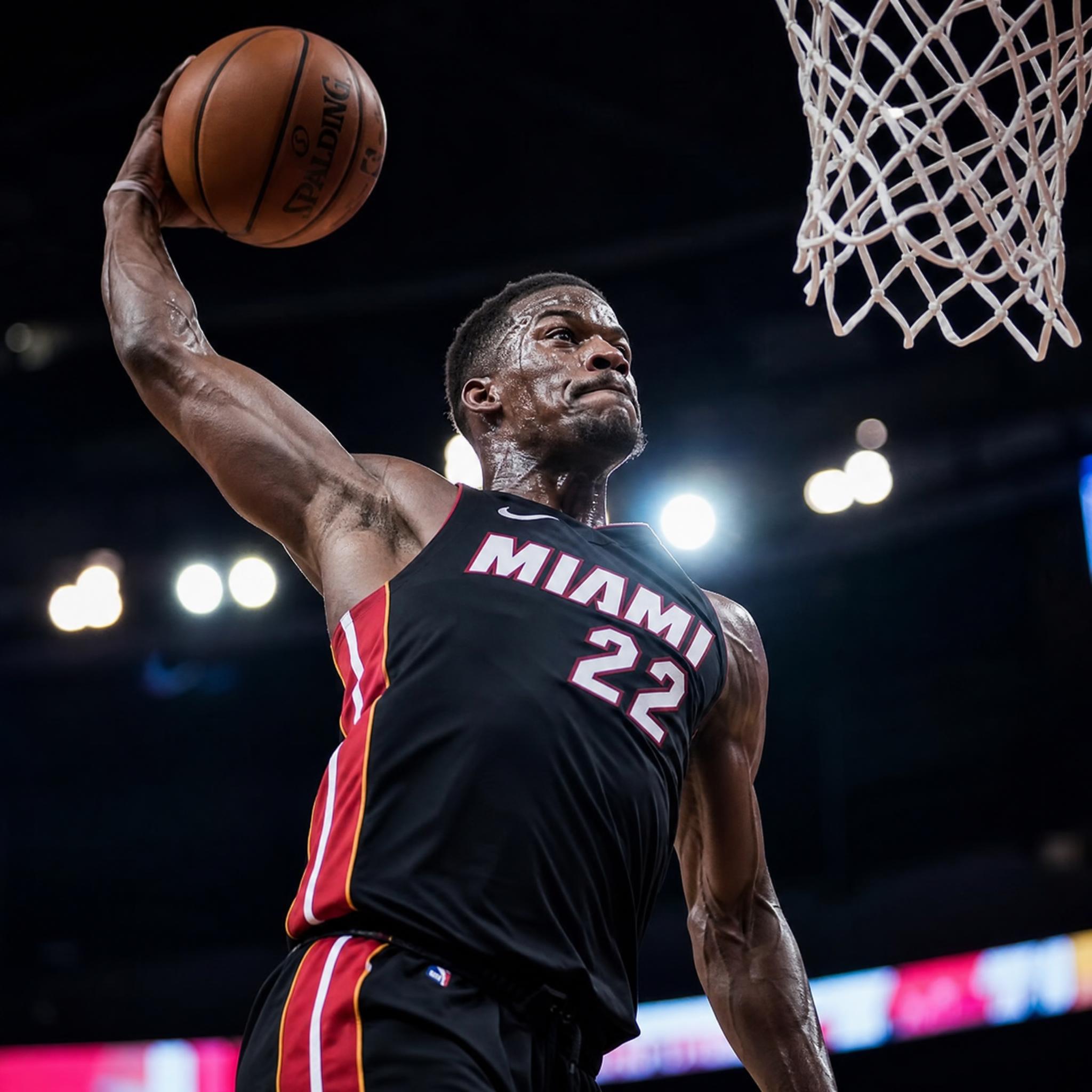 Jugador de baloncesto en el aire a punto de encestar con el fondo del estadio desenfocado