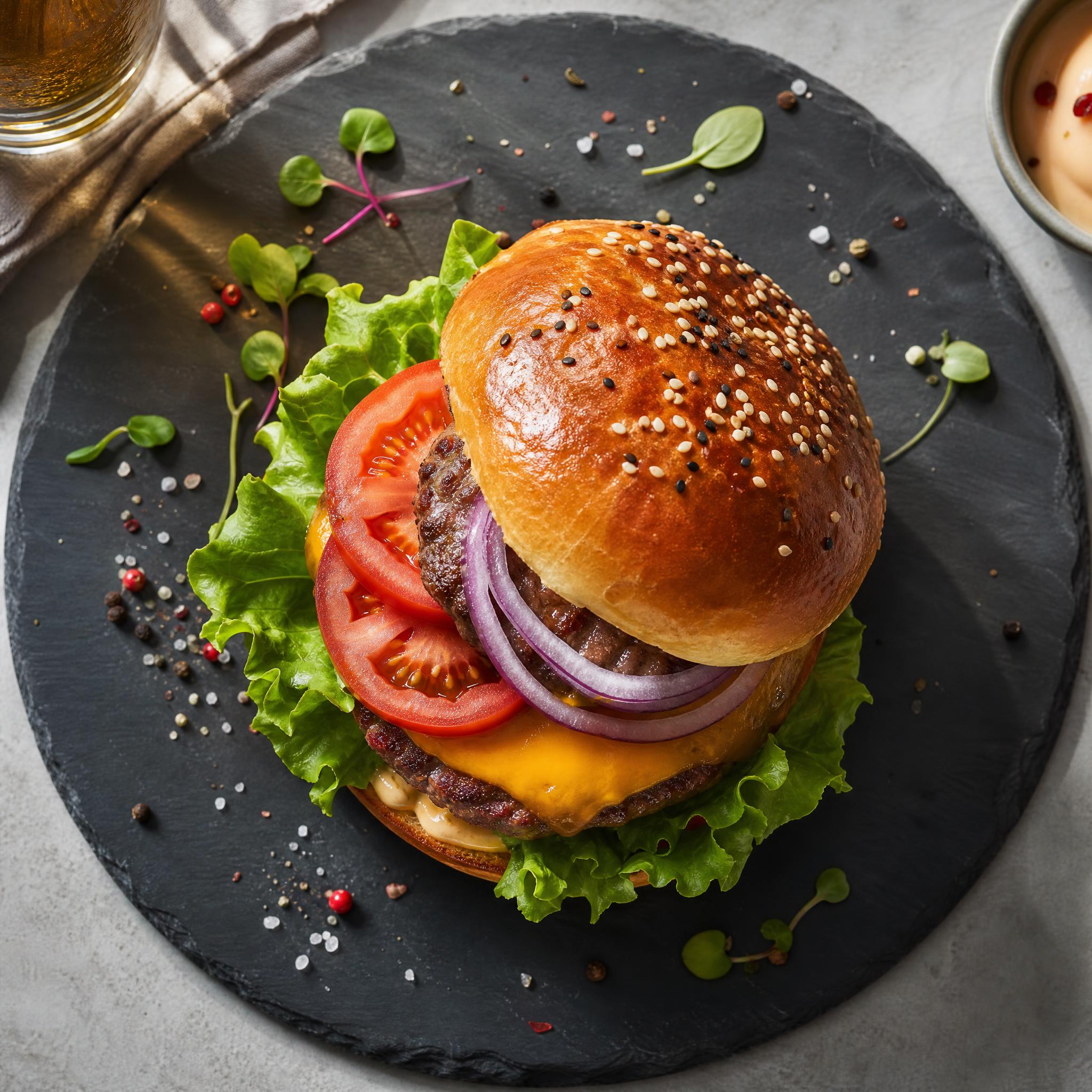 Hamburguesa gourmet en plato de pizarra negra fotografiada en cenital con luz de ventana