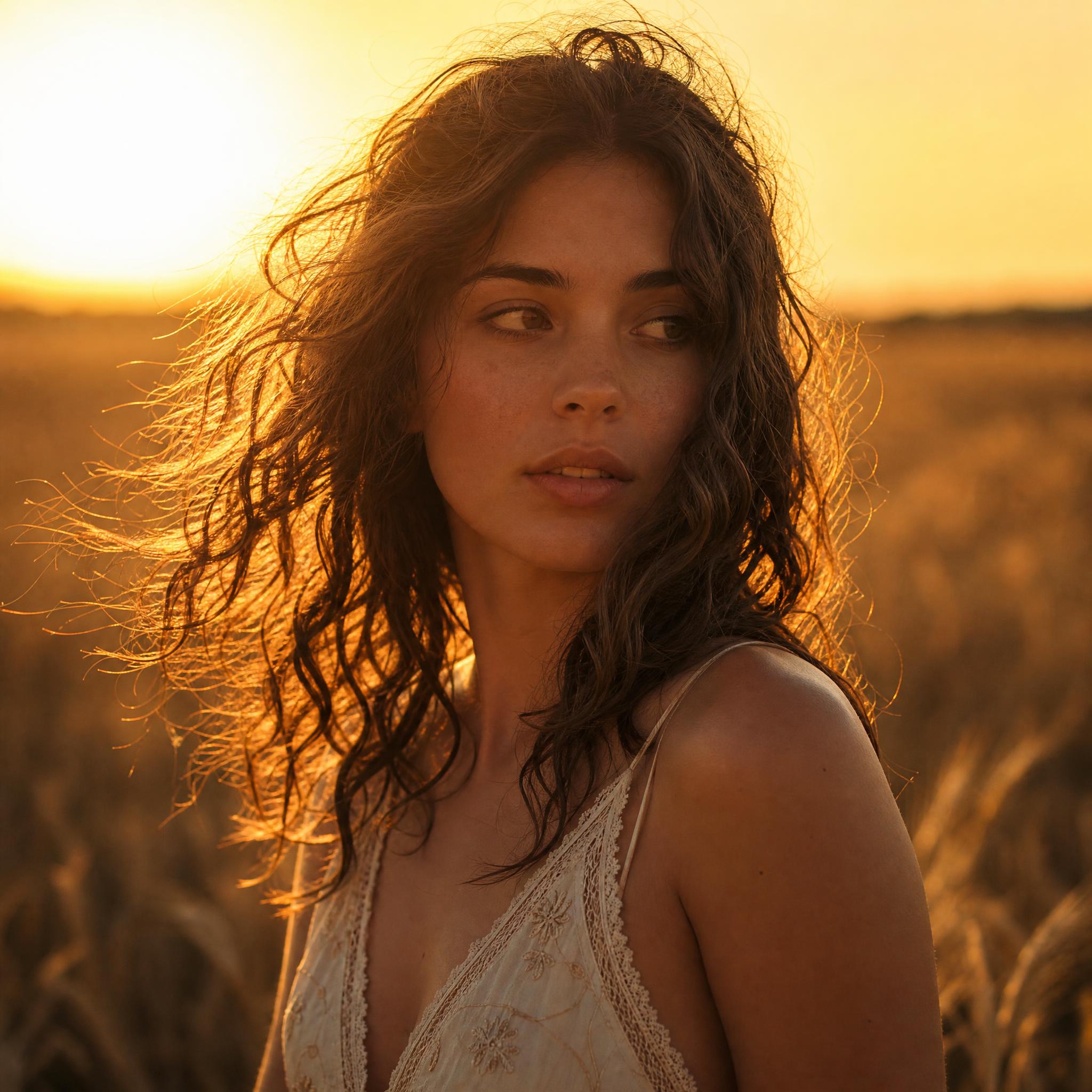 Retrato de mujer joven a contraluz dorado con campo de trigo desenfocado al fondo