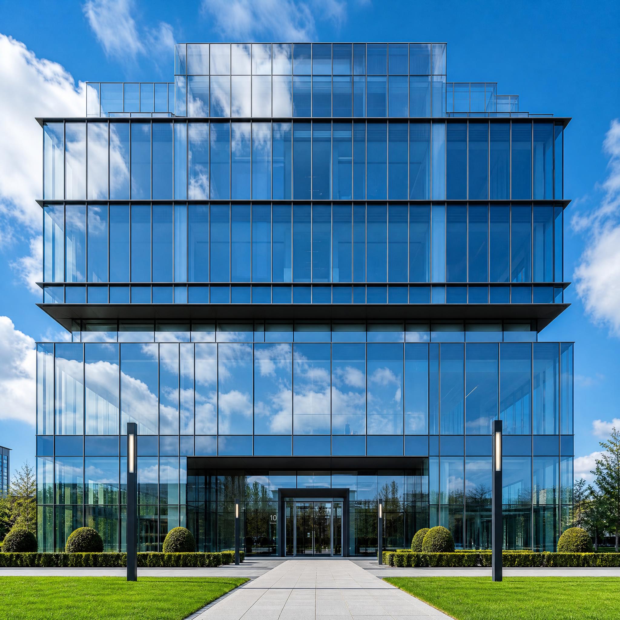 Edificio moderno de cristal y acero fotografiado con perspectiva vertical corregida