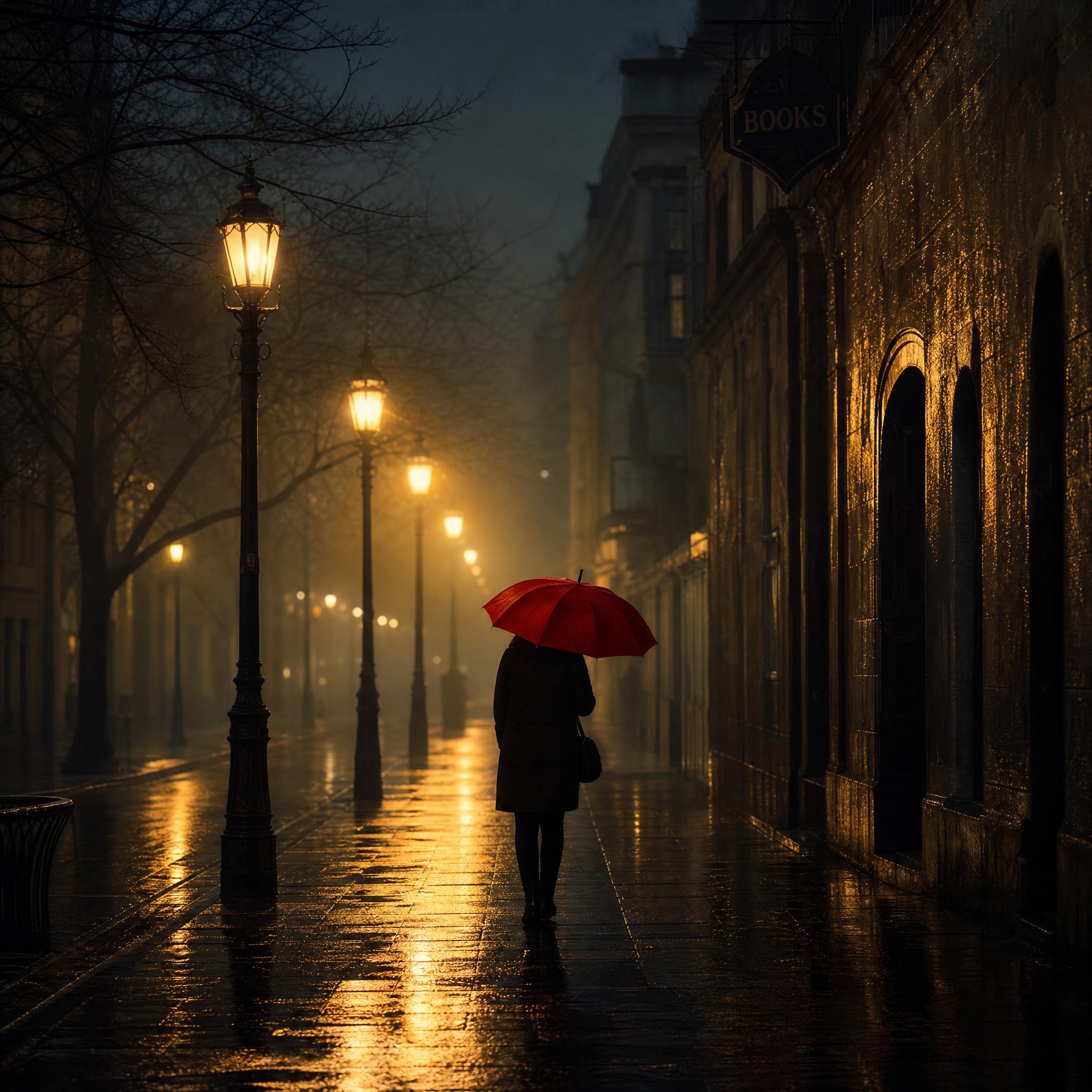 Persona con paraguas rojo caminando de noche sobre pavimento mojado que refleja las farolas