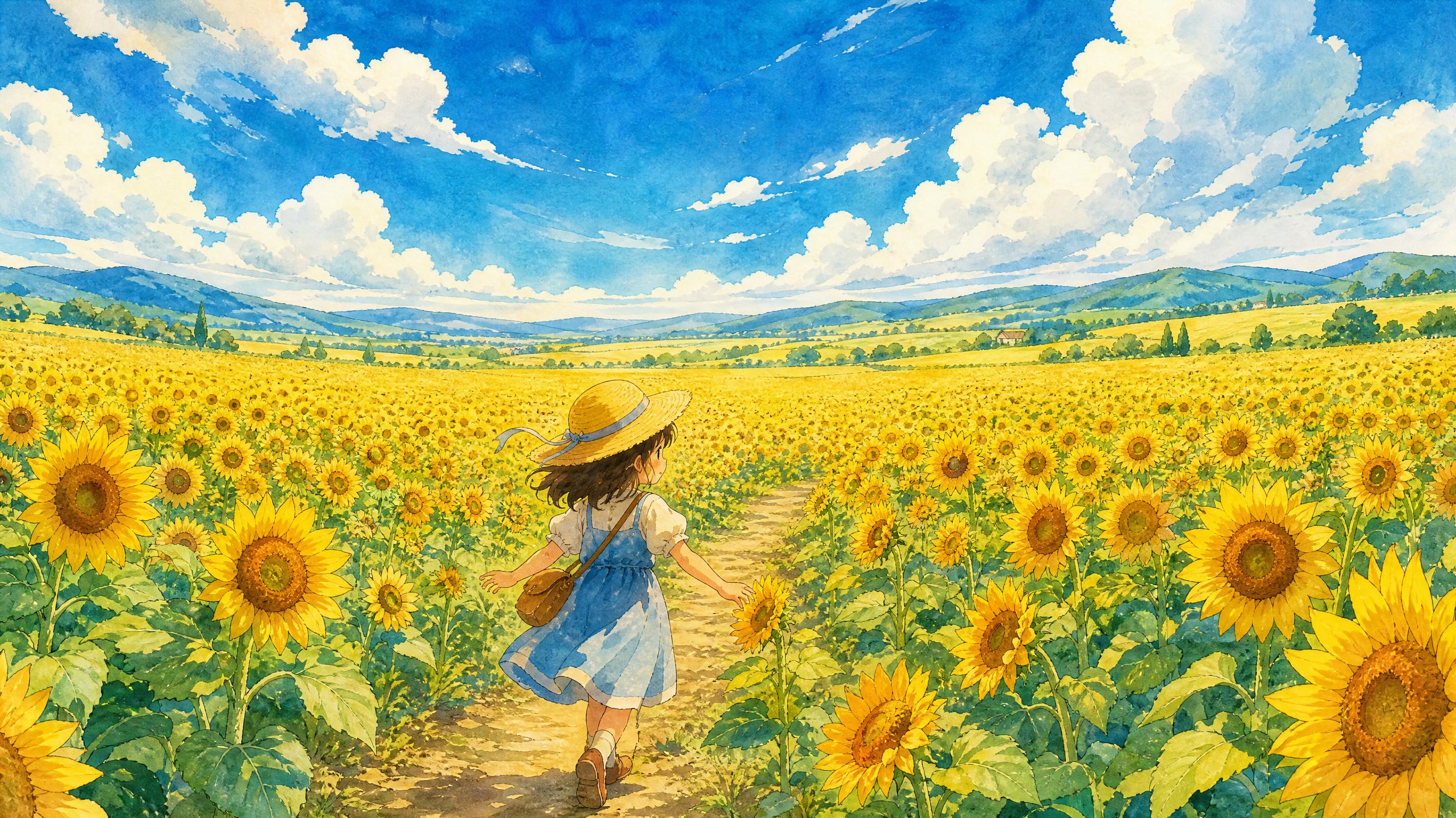 Ilustración en acuarela de una niña con sombrero de paja caminando entre girasoles