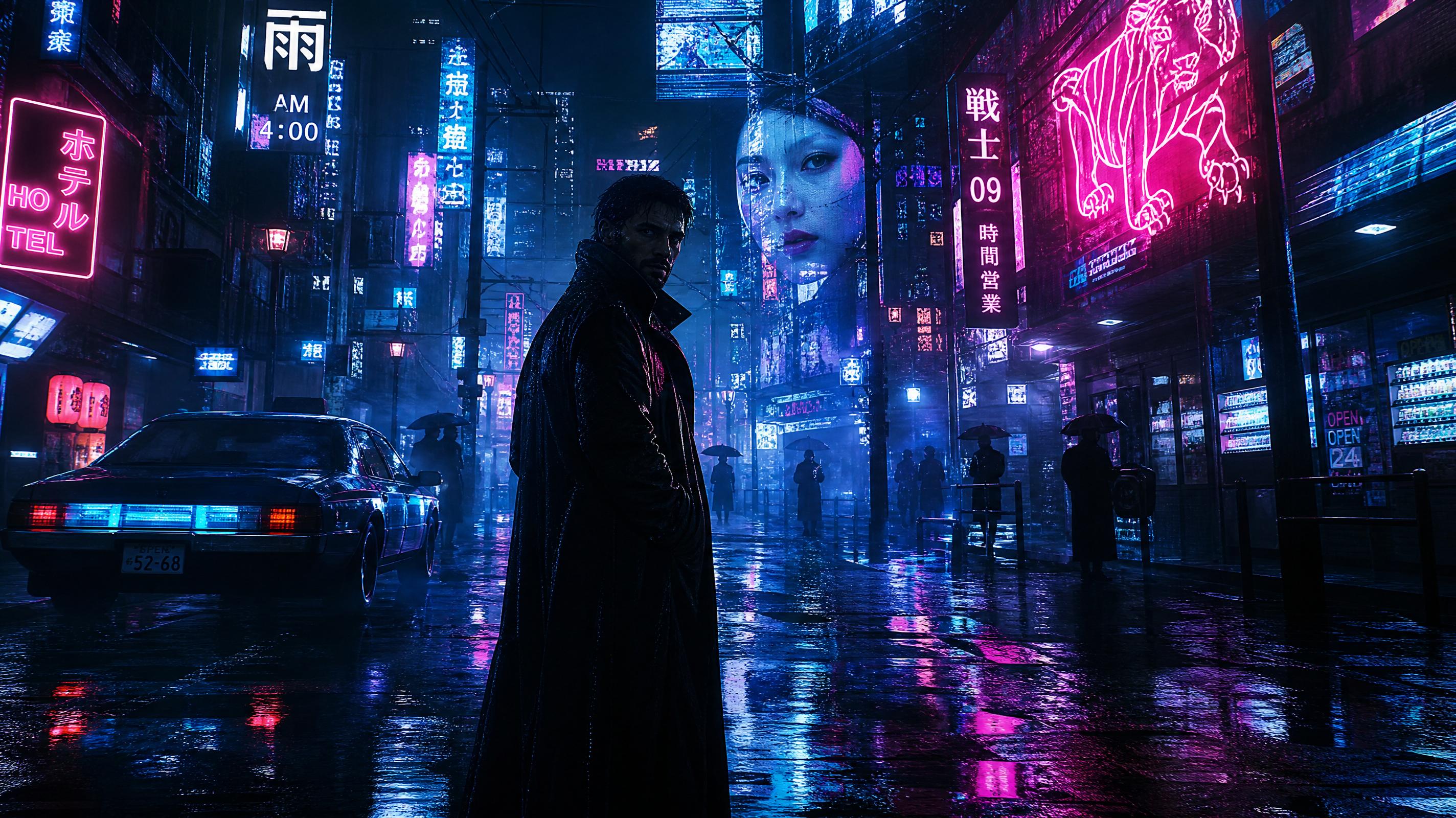 Calle nocturna cyberpunk con luces de neón rosa y azul reflejadas en charcos