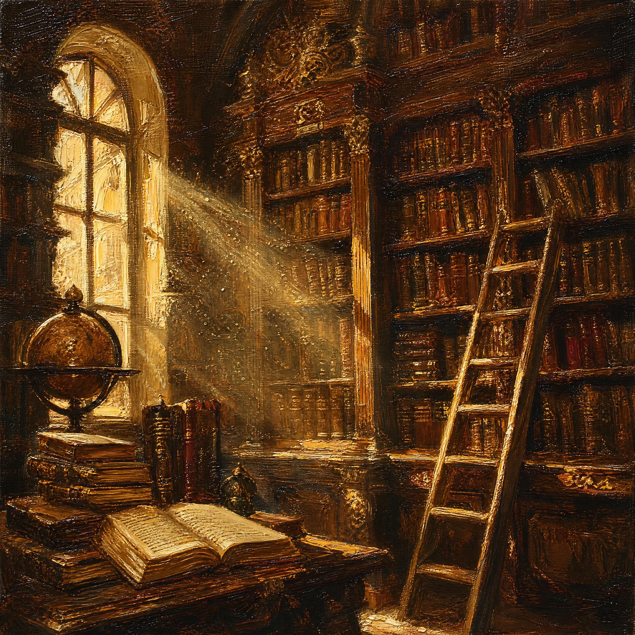 Pintura al óleo de una biblioteca antigua con un rayo de luz dorada atravesando el polvo