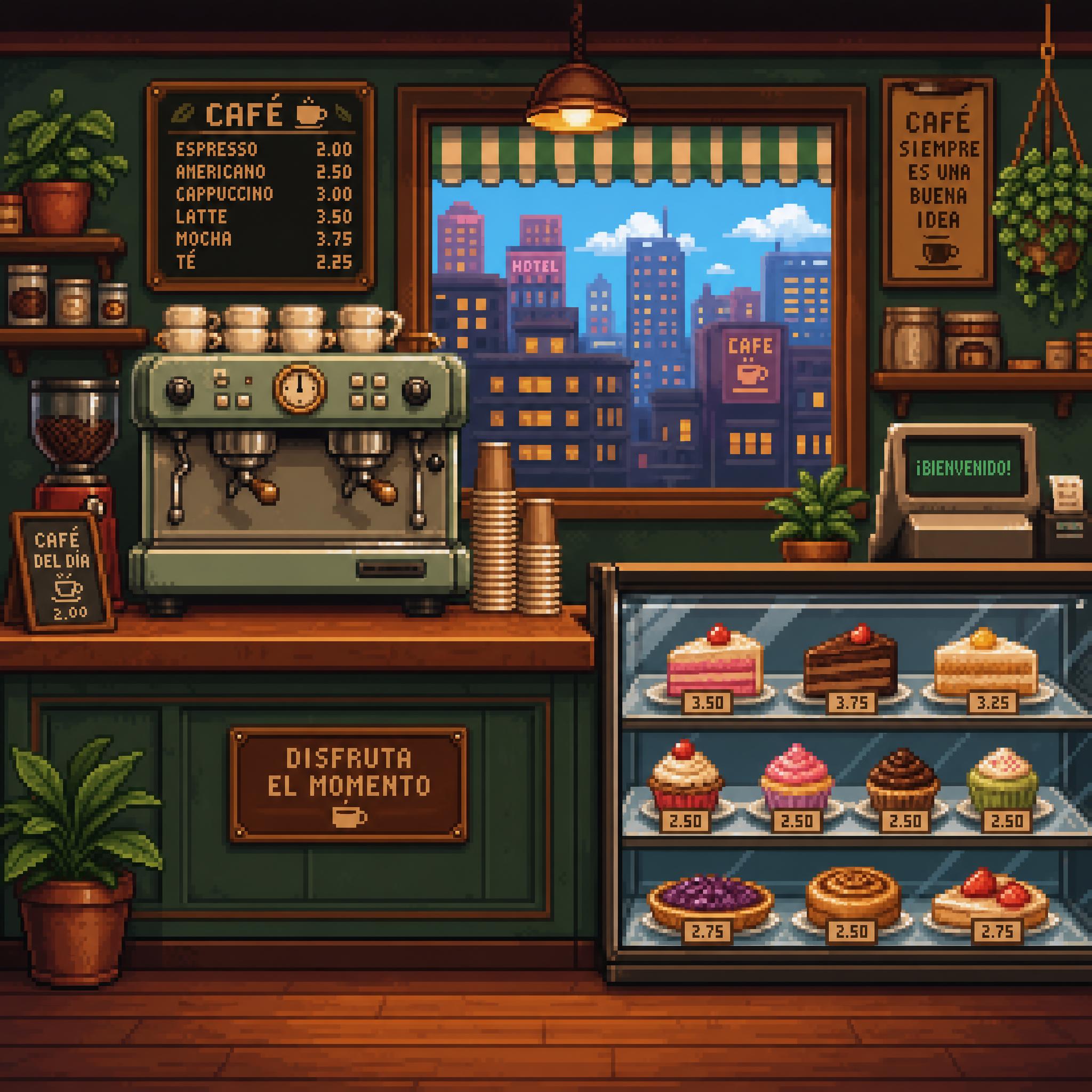 Escena de cafetería en pixel art de 16 bits con máquina de café y vitrina de pasteles