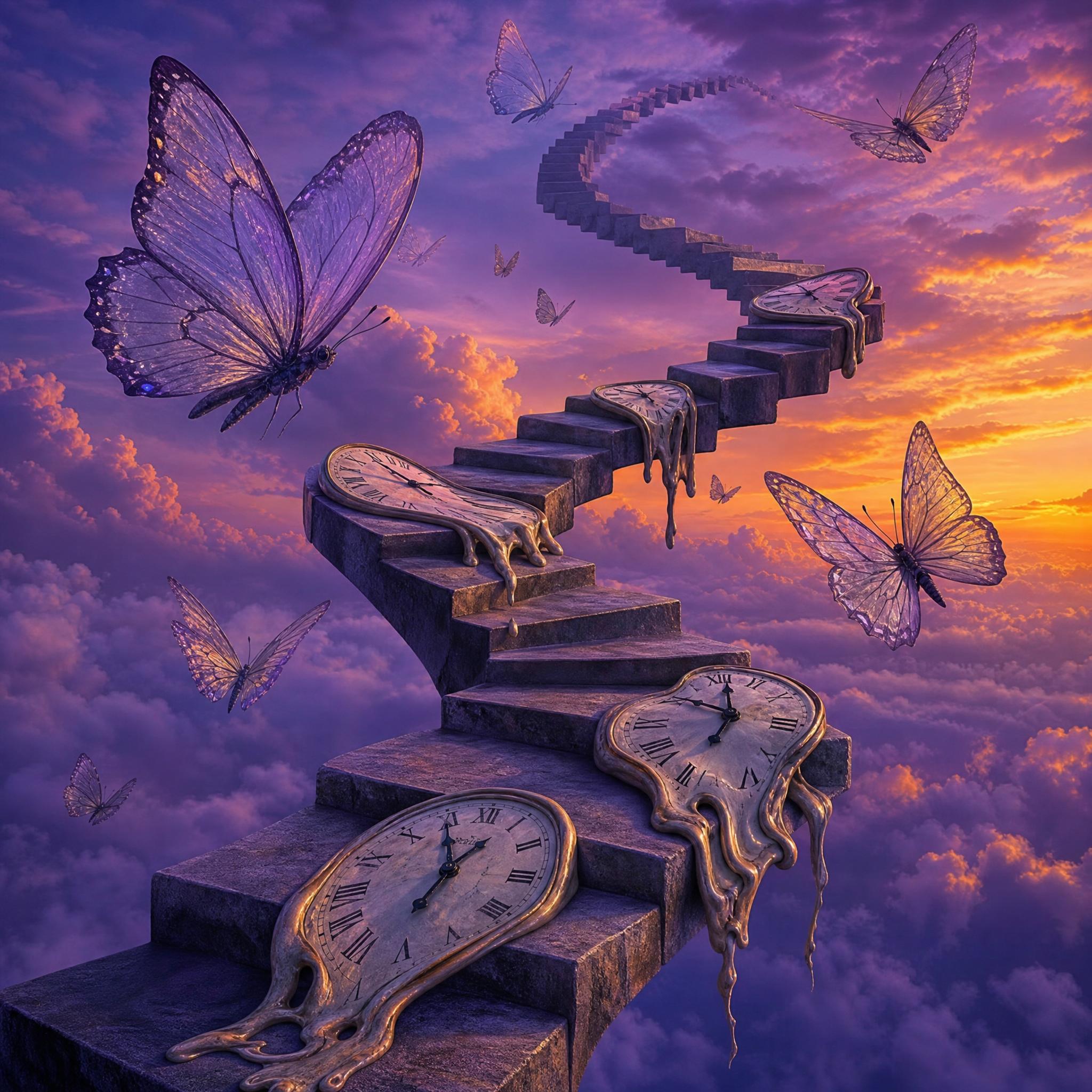 Escaleras imposibles flotando en un cielo violeta con relojes derritiéndose y mariposas translúcidas