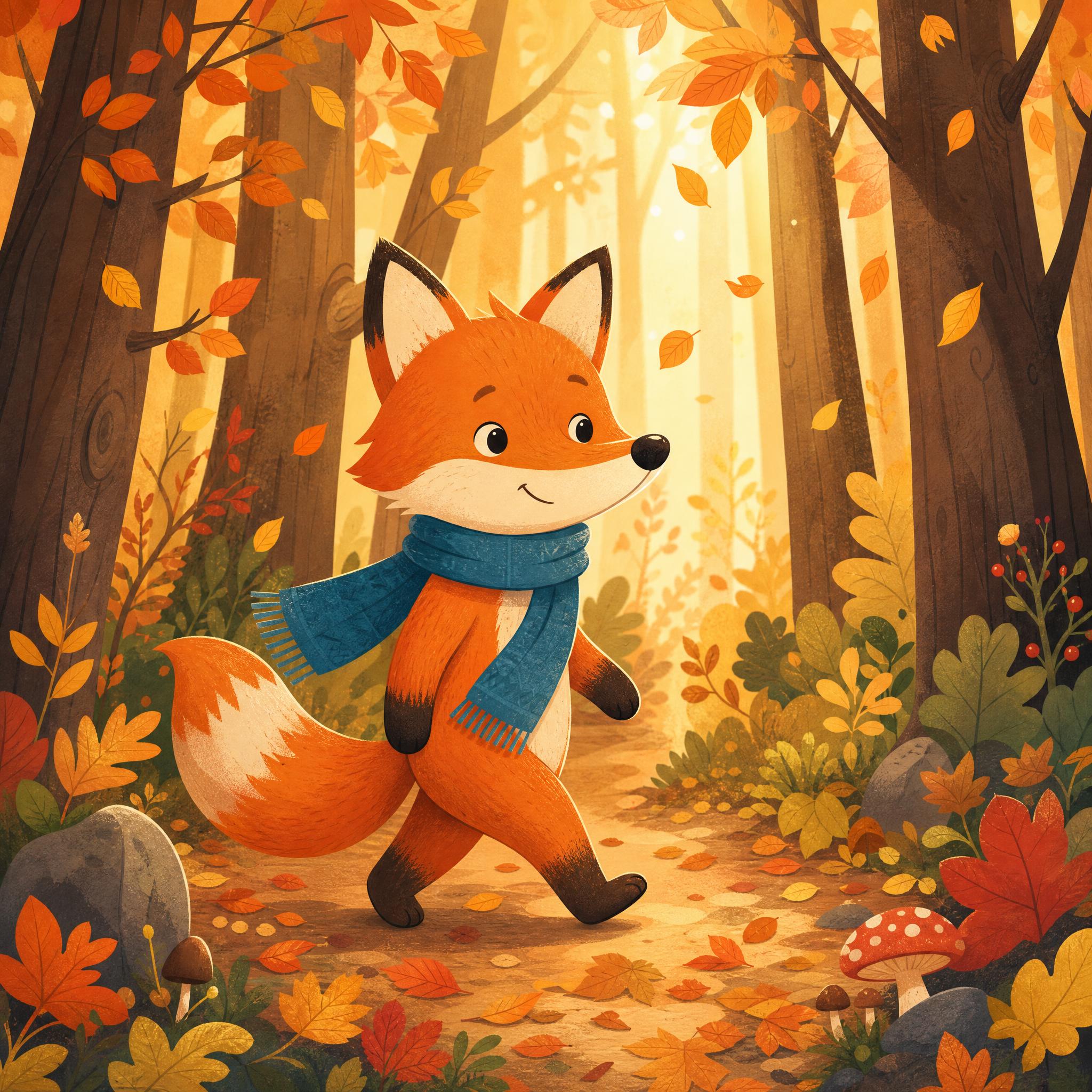 Ilustración infantil de un zorro con bufanda azul caminando por un bosque otoñal
