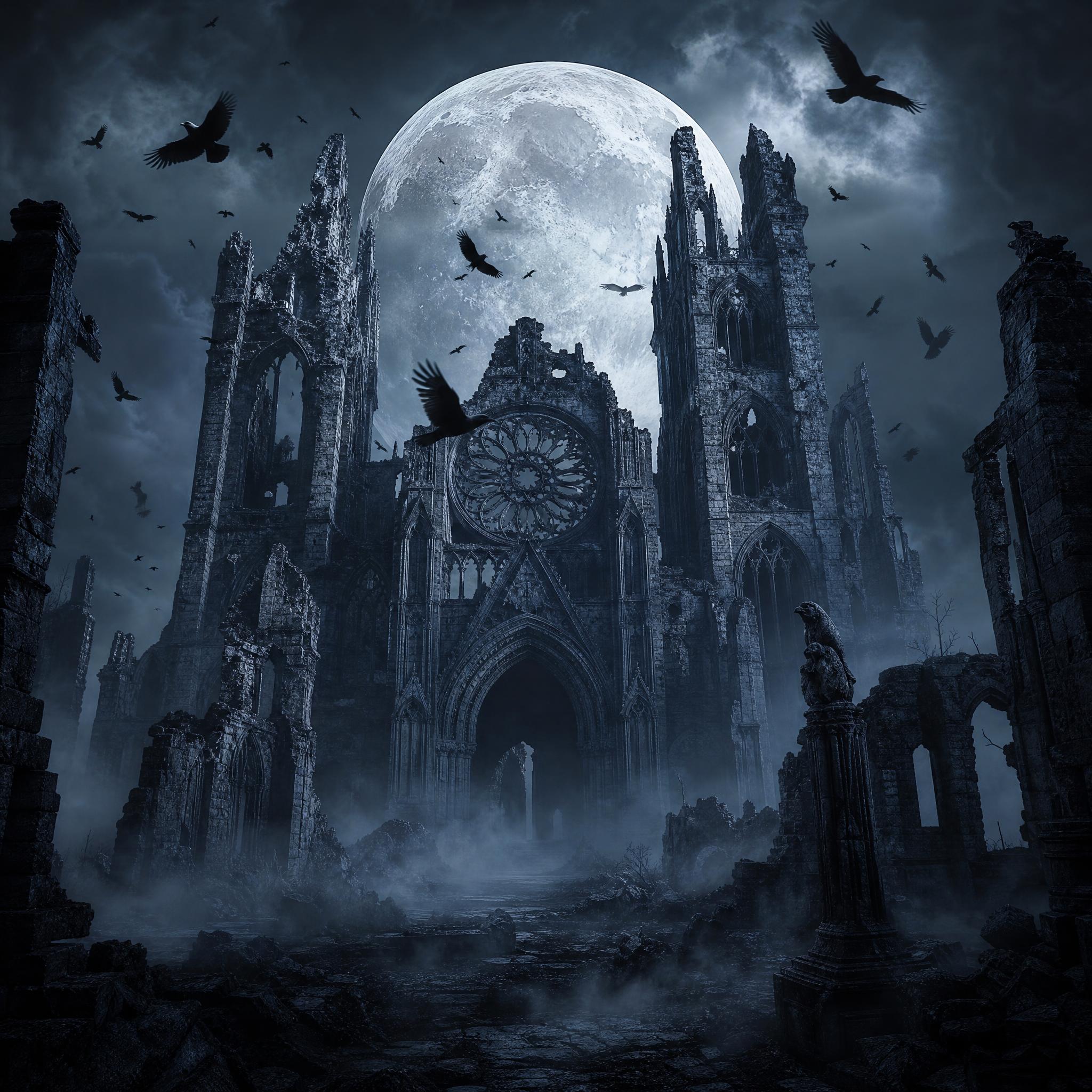 Catedral gótica en ruinas bajo una luna llena enorme con cuervos y niebla espesa