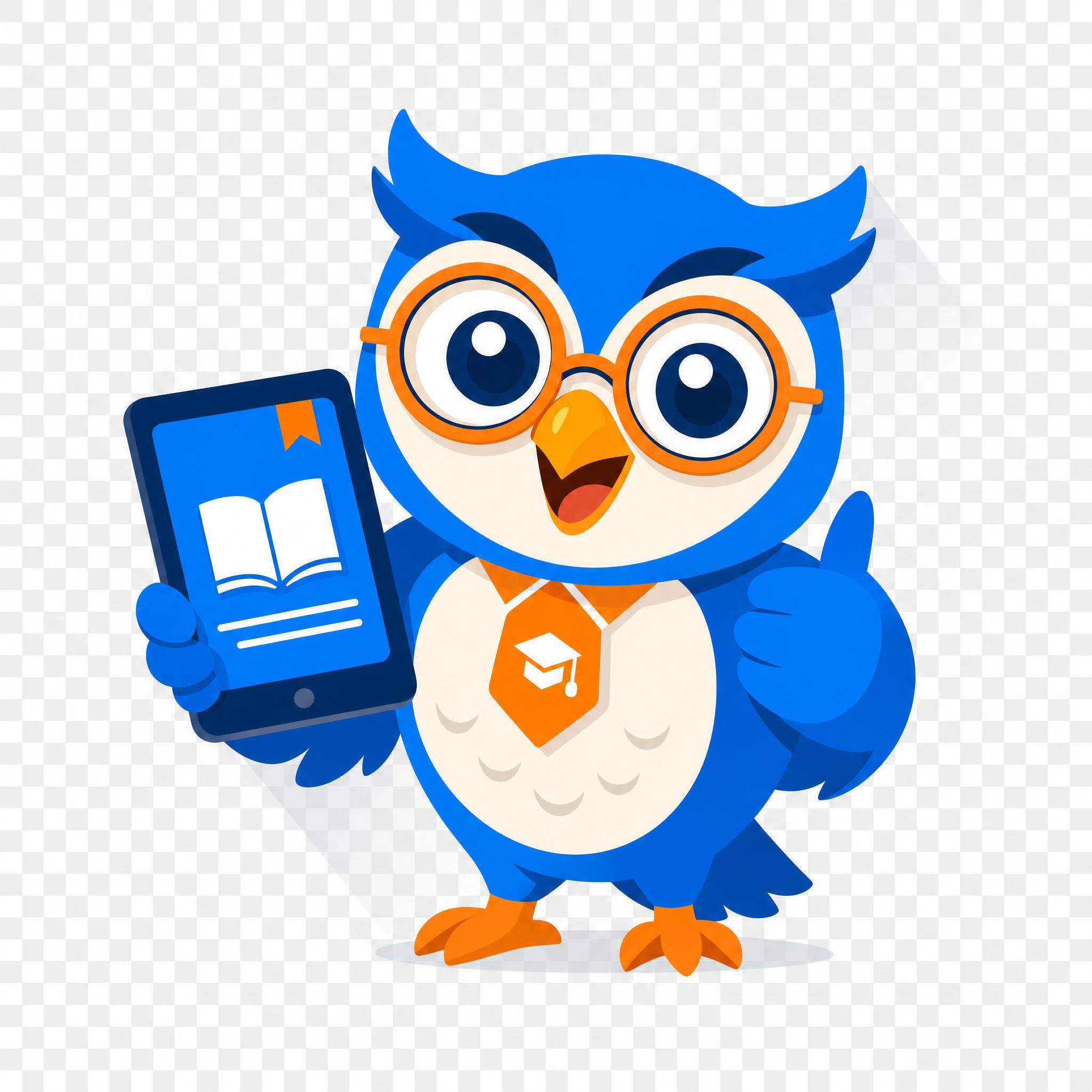 Mascota de marca en diseño plano: búho con gafas redondas sosteniendo un libro digital