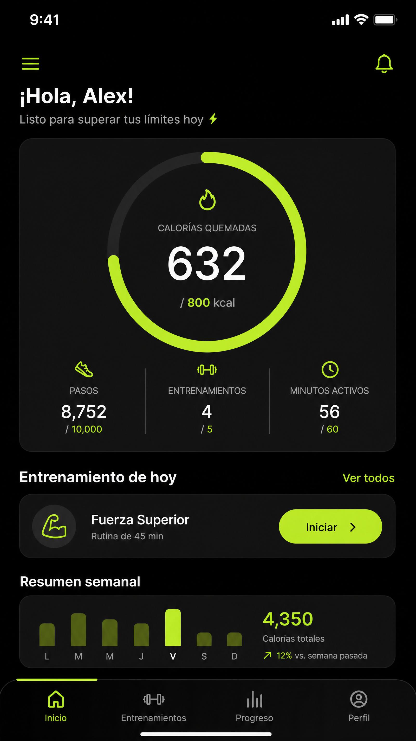 Interfaz de aplicación de fitness en modo oscuro con gráfico de progreso circular verde neón