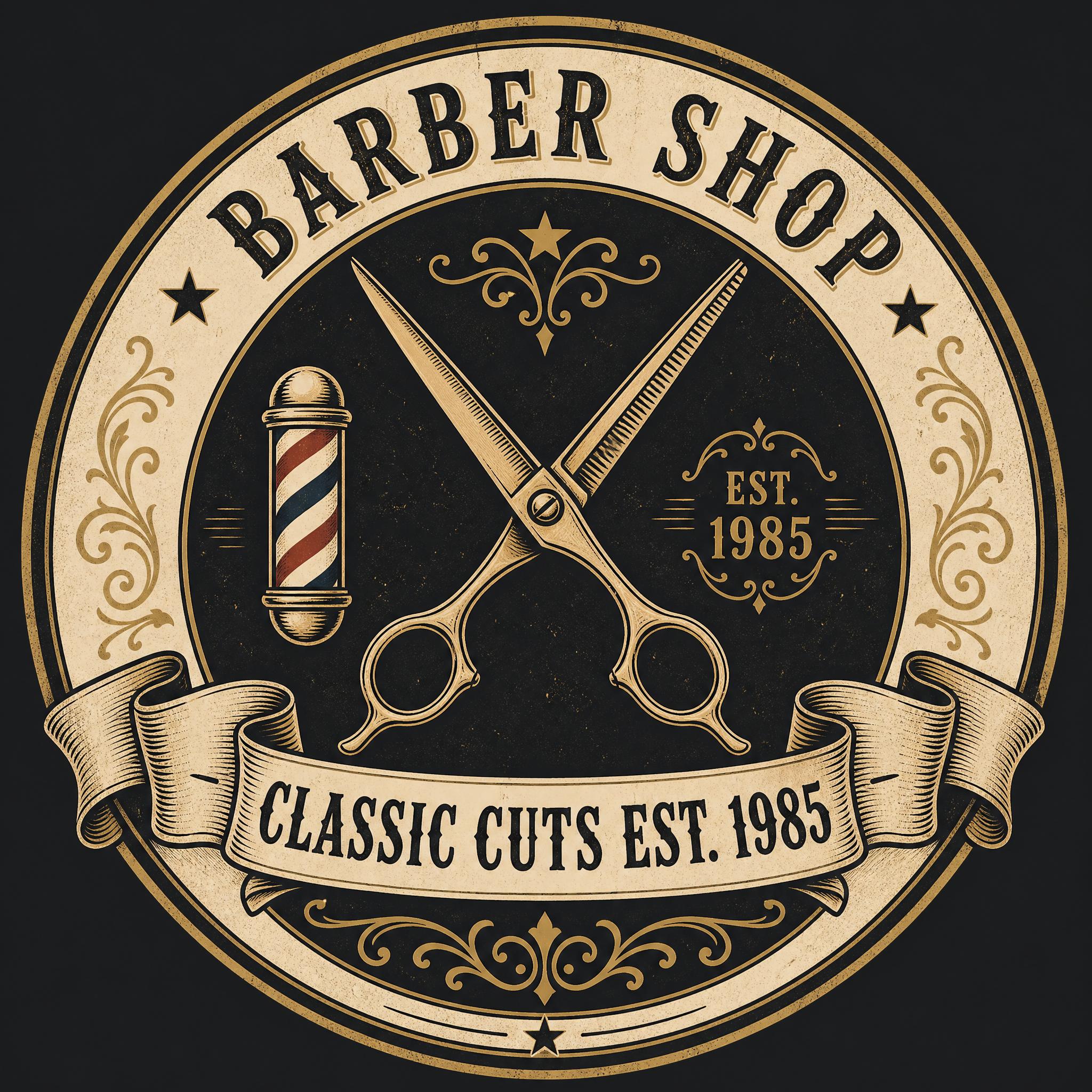 Insignia circular vintage de barbería con tijeras cruzadas y cinta con texto