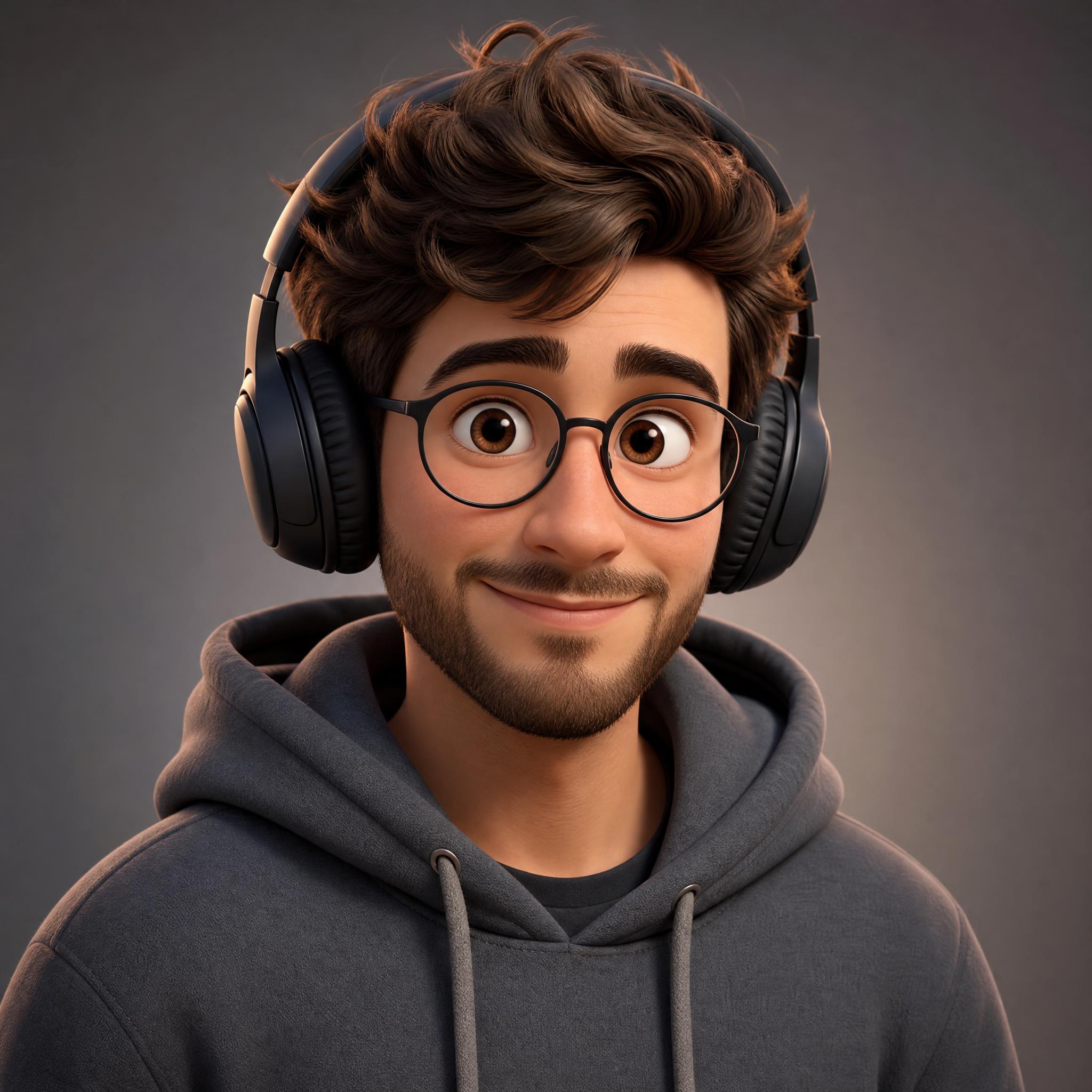 Avatar 3D de un programador joven con auriculares y gafas redondas sobre fondo degradado