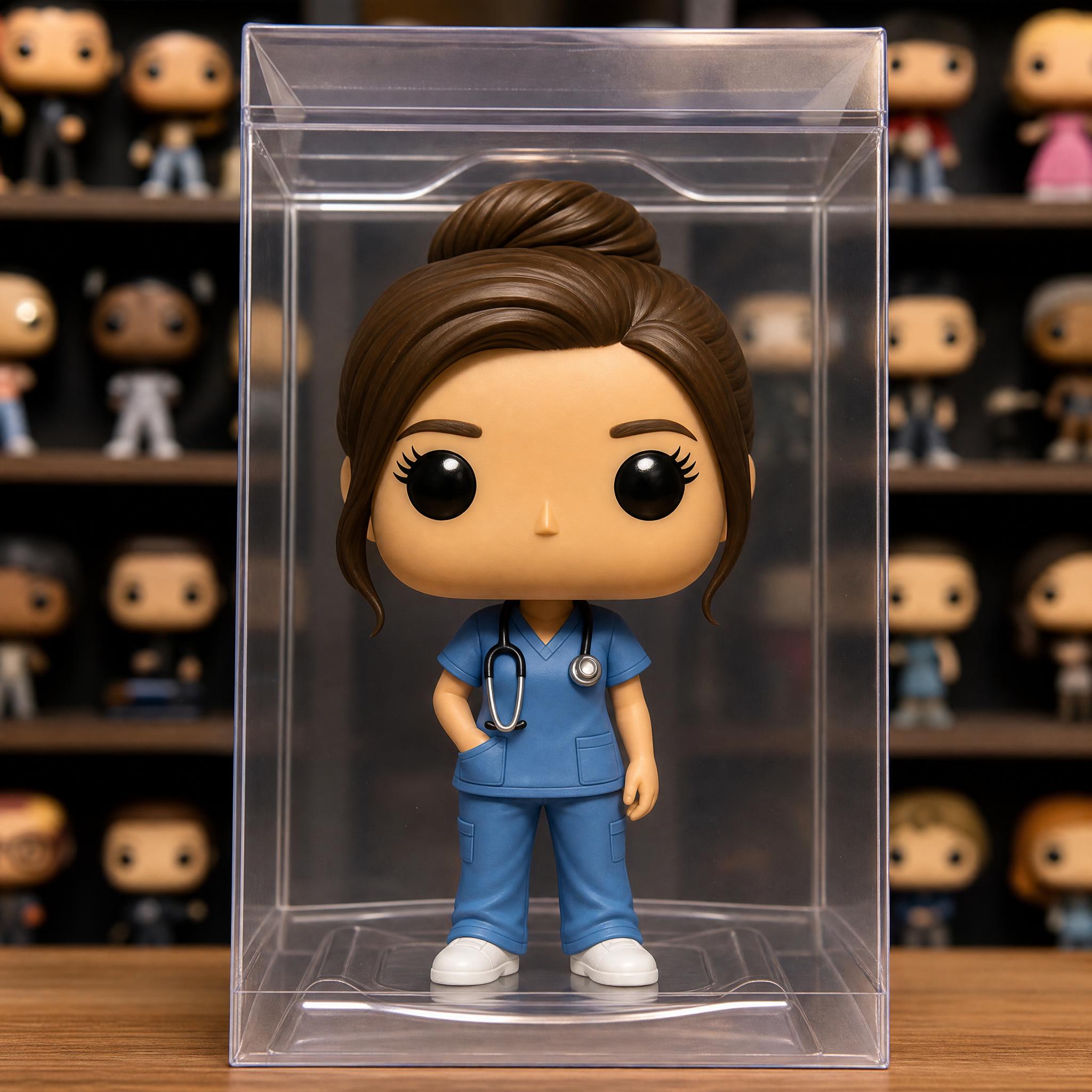 Figura de vinilo coleccionable de una enfermera dentro de su caja de exhibición transparente