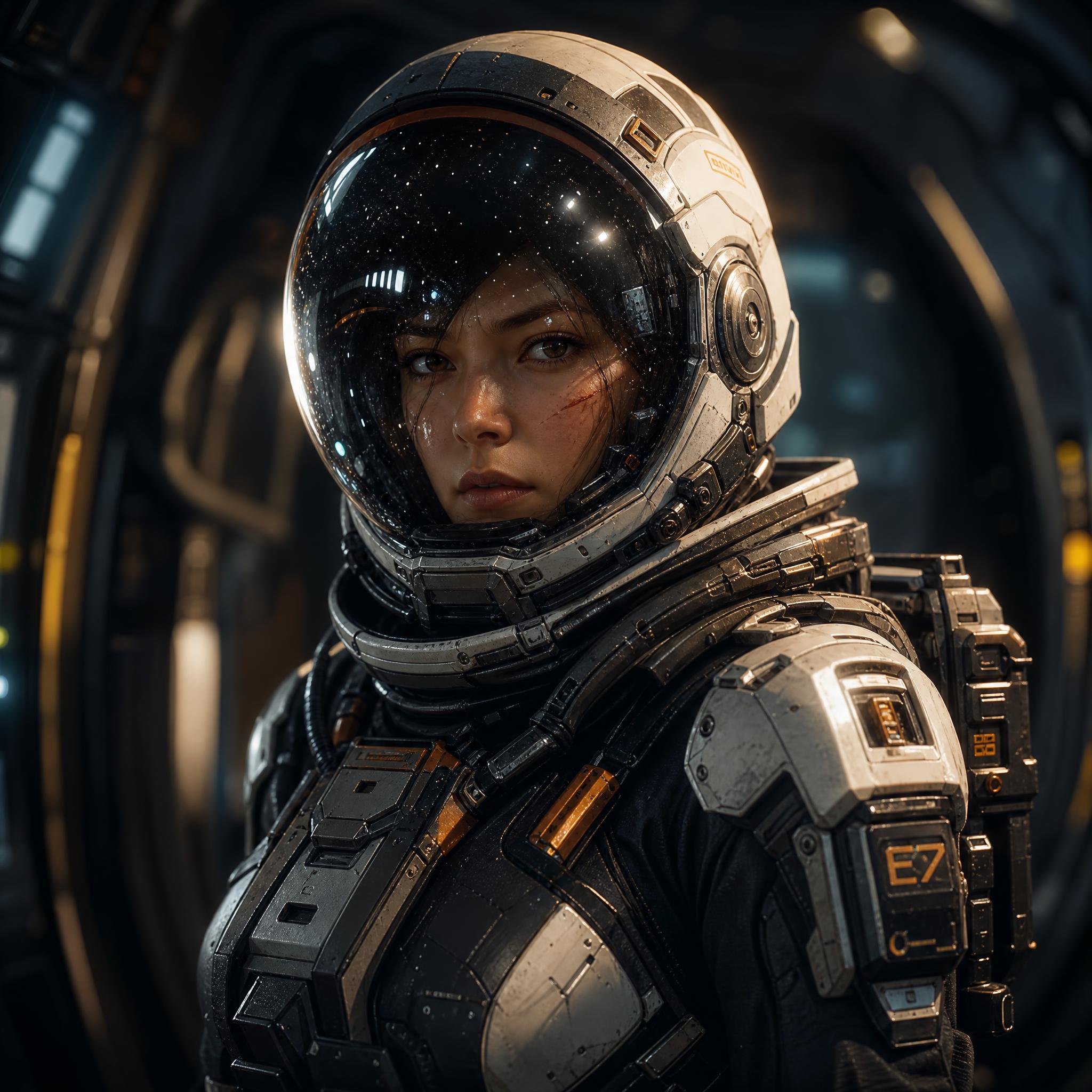 Retrato hiperrealista de exploradora espacial con casco de visor reflectante