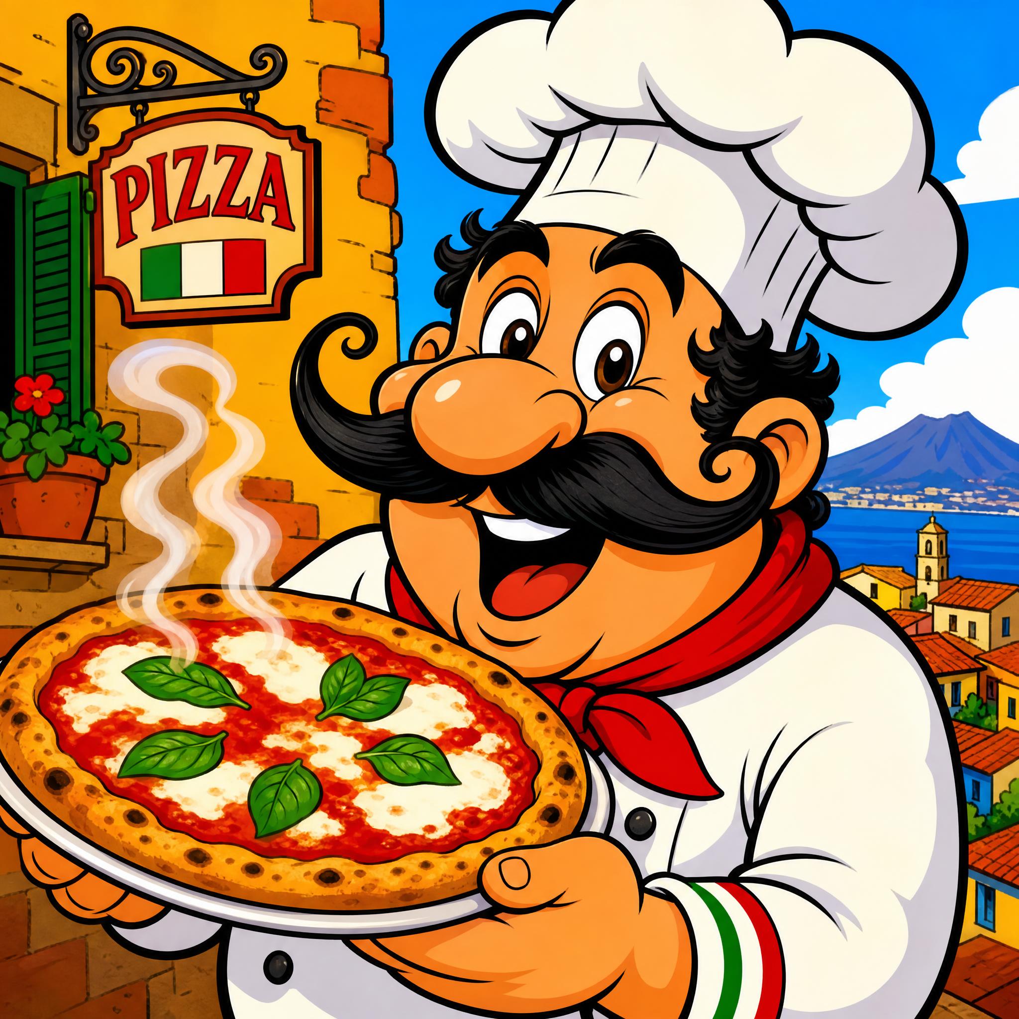 Caricatura de chef italiano con bigote exagerado sosteniendo una pizza humeante