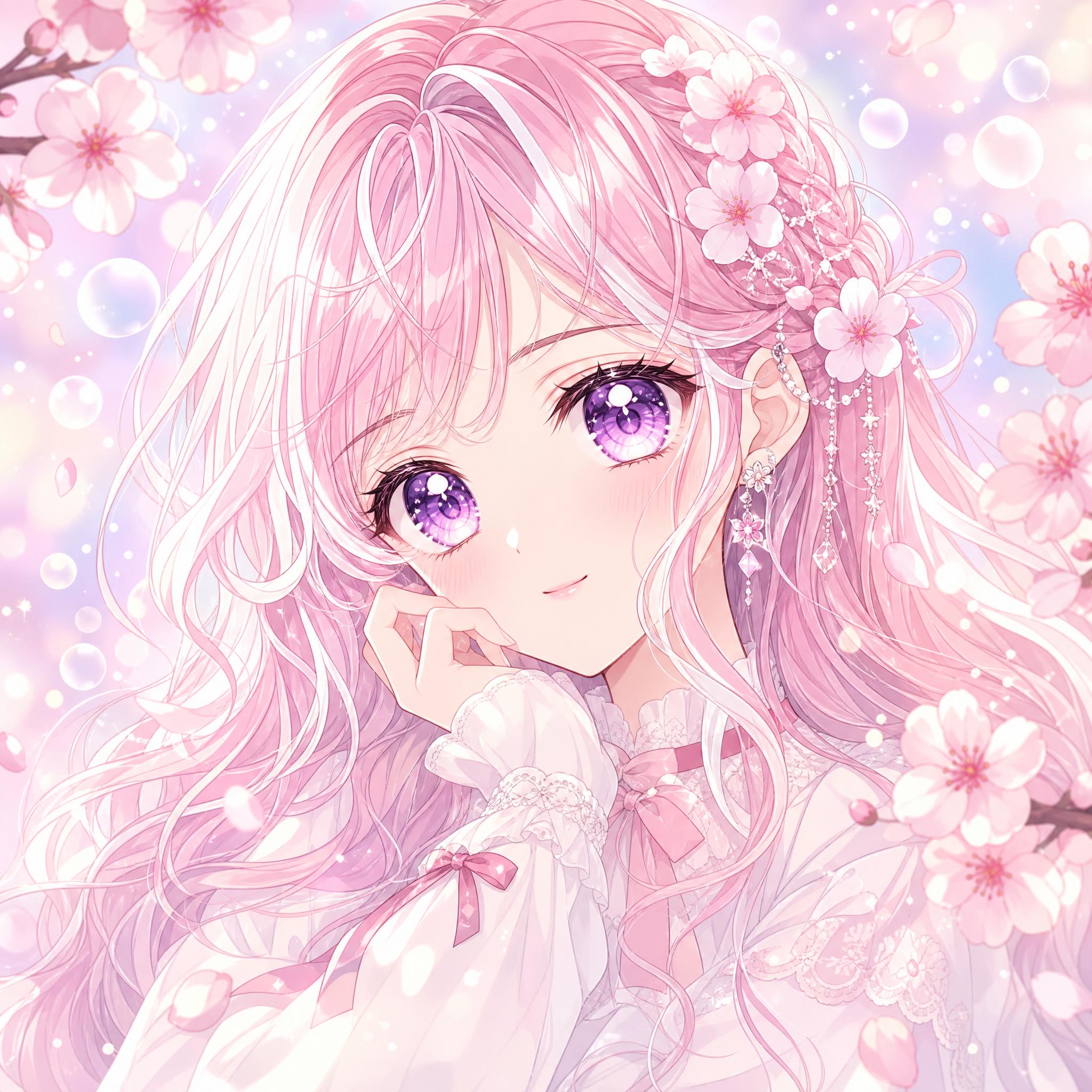 Retrato estilo manga shōjo con ojos violeta brillantes y flores de cerezo flotando