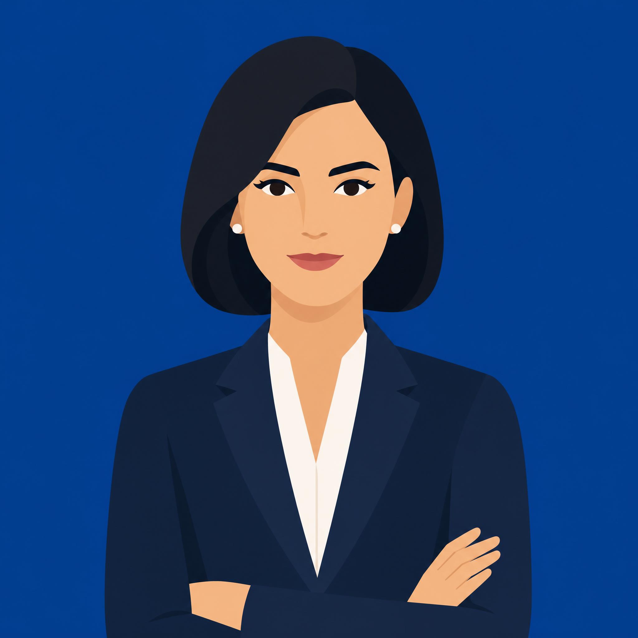 Avatar plano y minimalista de una mujer de negocios sobre fondo azul sólido