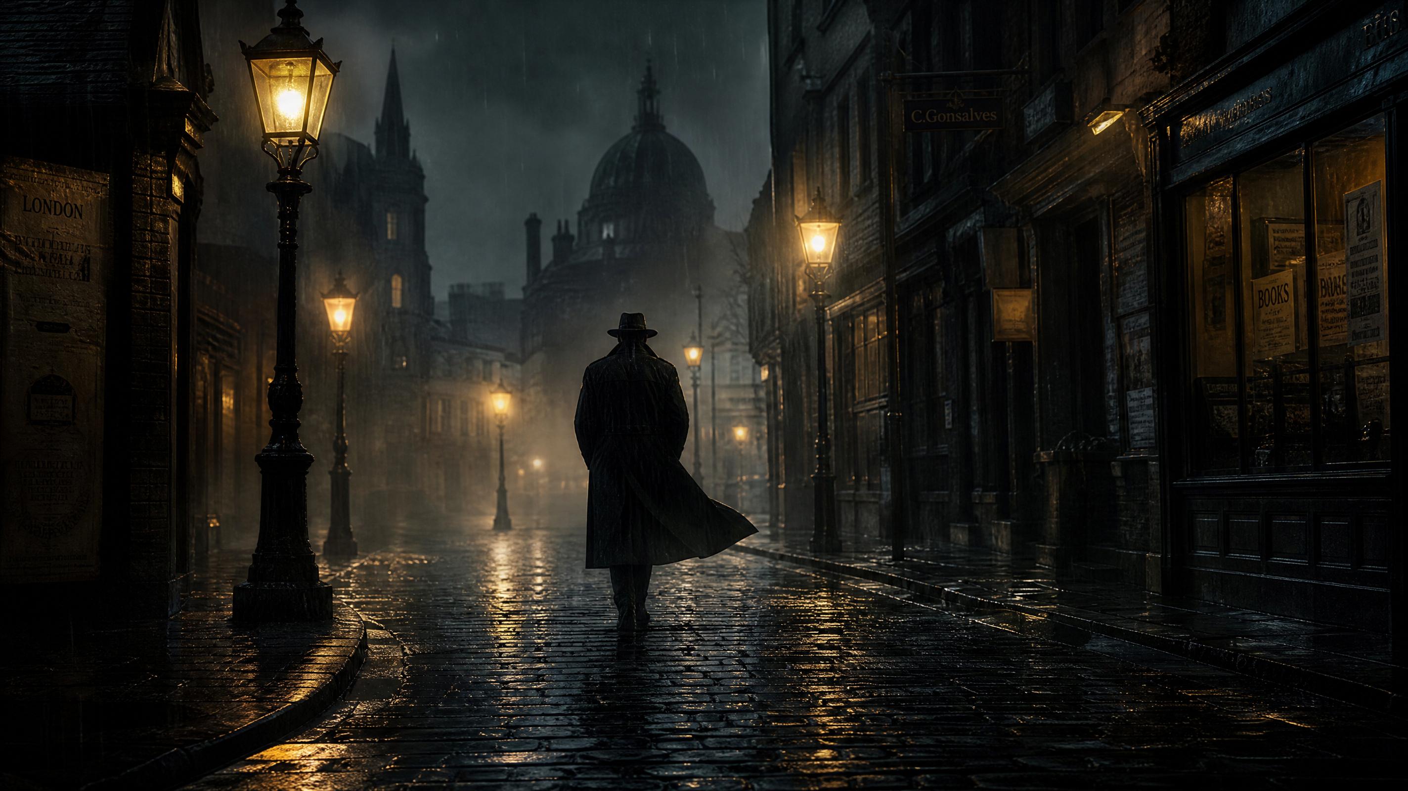 Figura con gabardina y sombrero caminando bajo la lluvia por una calle empedrada con faroles