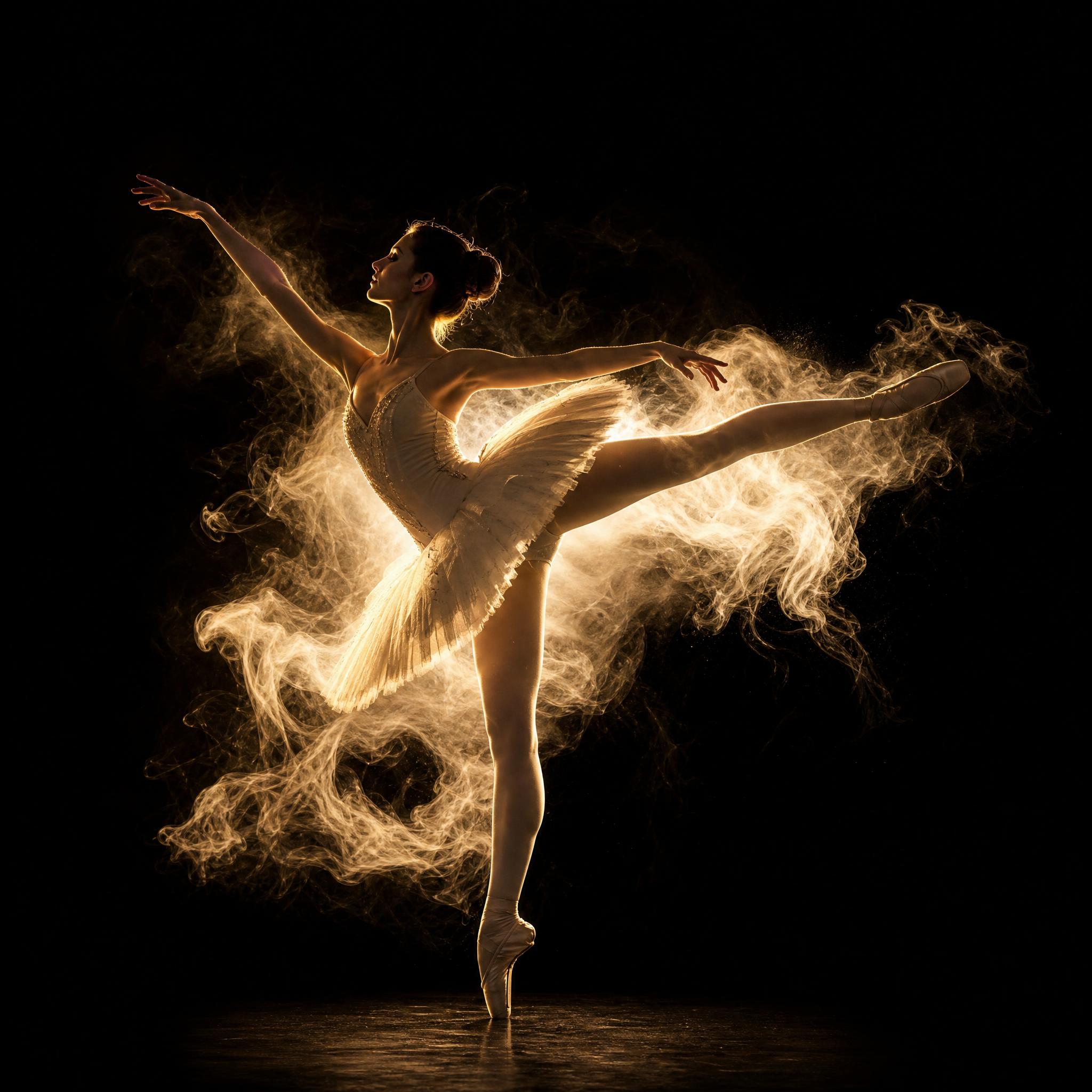 Bailarina de ballet en arabesque perfilada por contraluz dorado sobre fondo negro