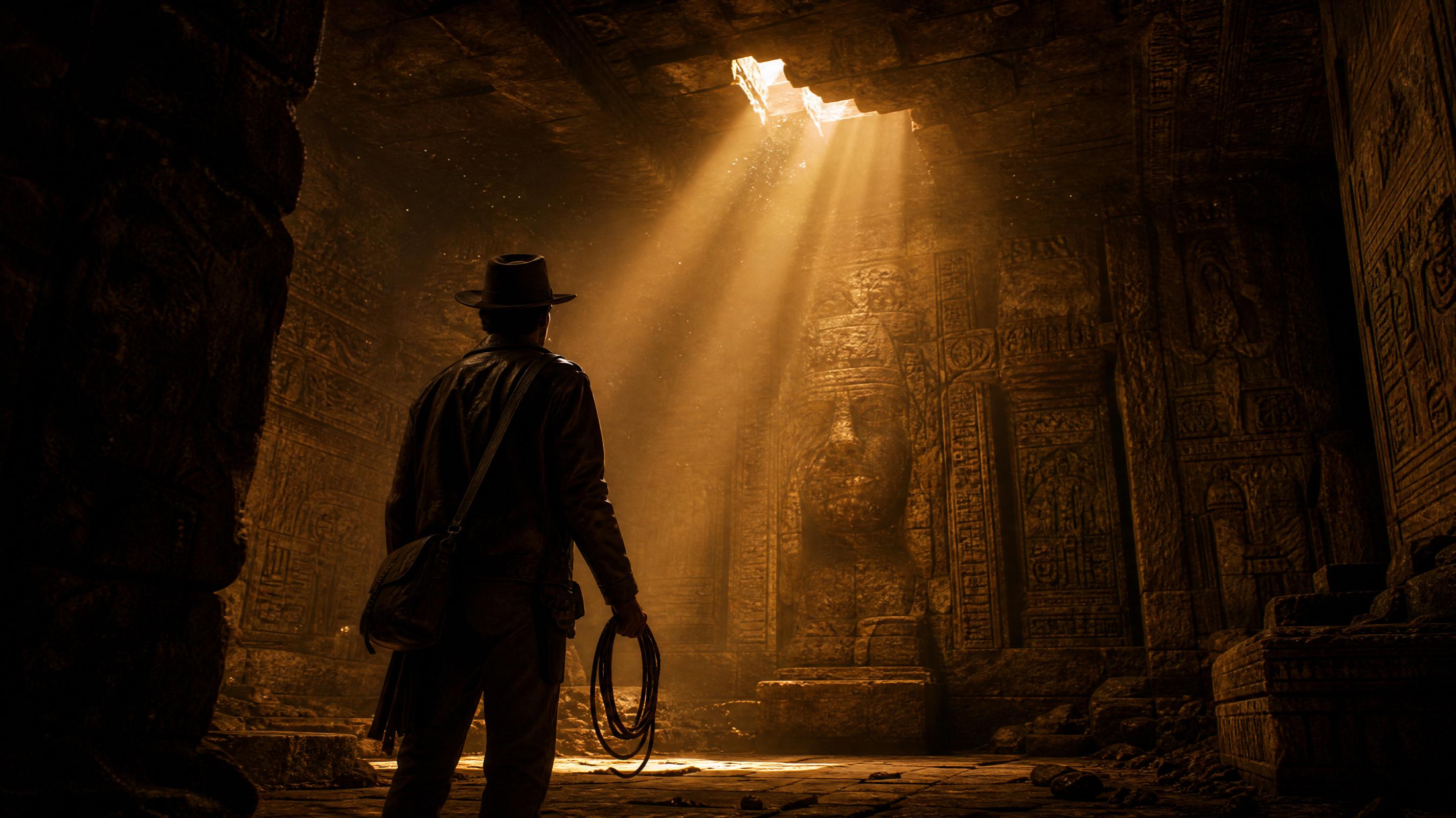 Aventurero explorando un templo maya con rayos de luz dorada atravesando el polvo