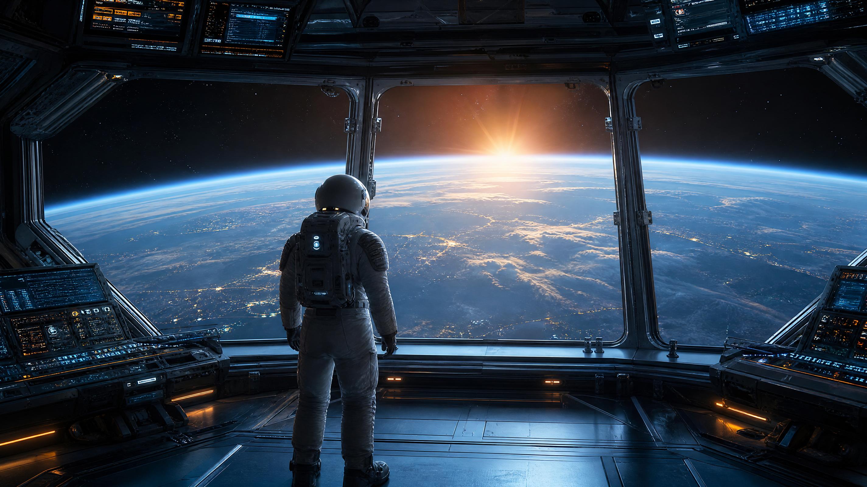 Astronauta de espaldas mirando la Tierra desde el ventanal de una estación espacial