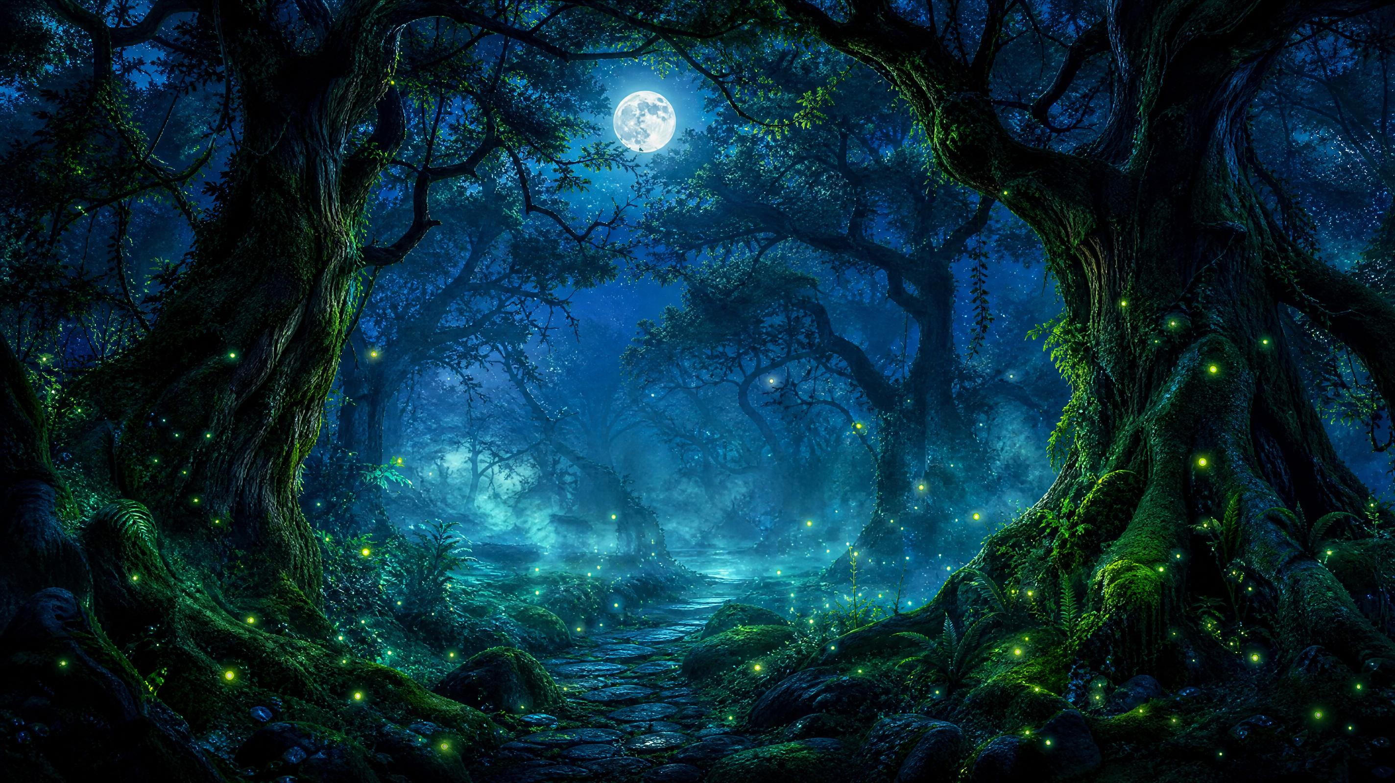 Bosque nocturno con luciérnagas, niebla azulada y un camino de piedras musgosas