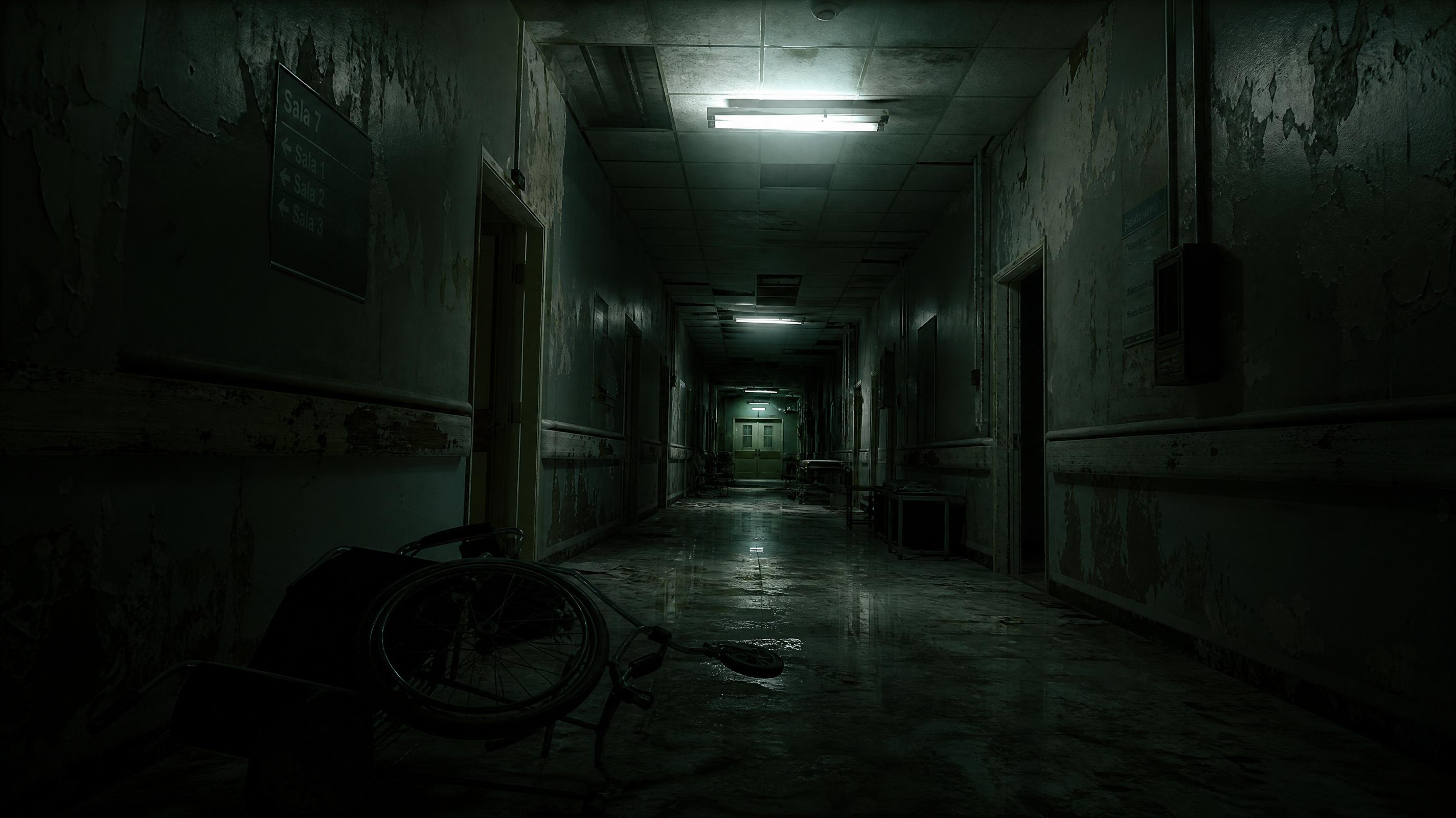 Pasillo de hospital abandonado con luz fluorescente parpadeante y una silla de ruedas volcada