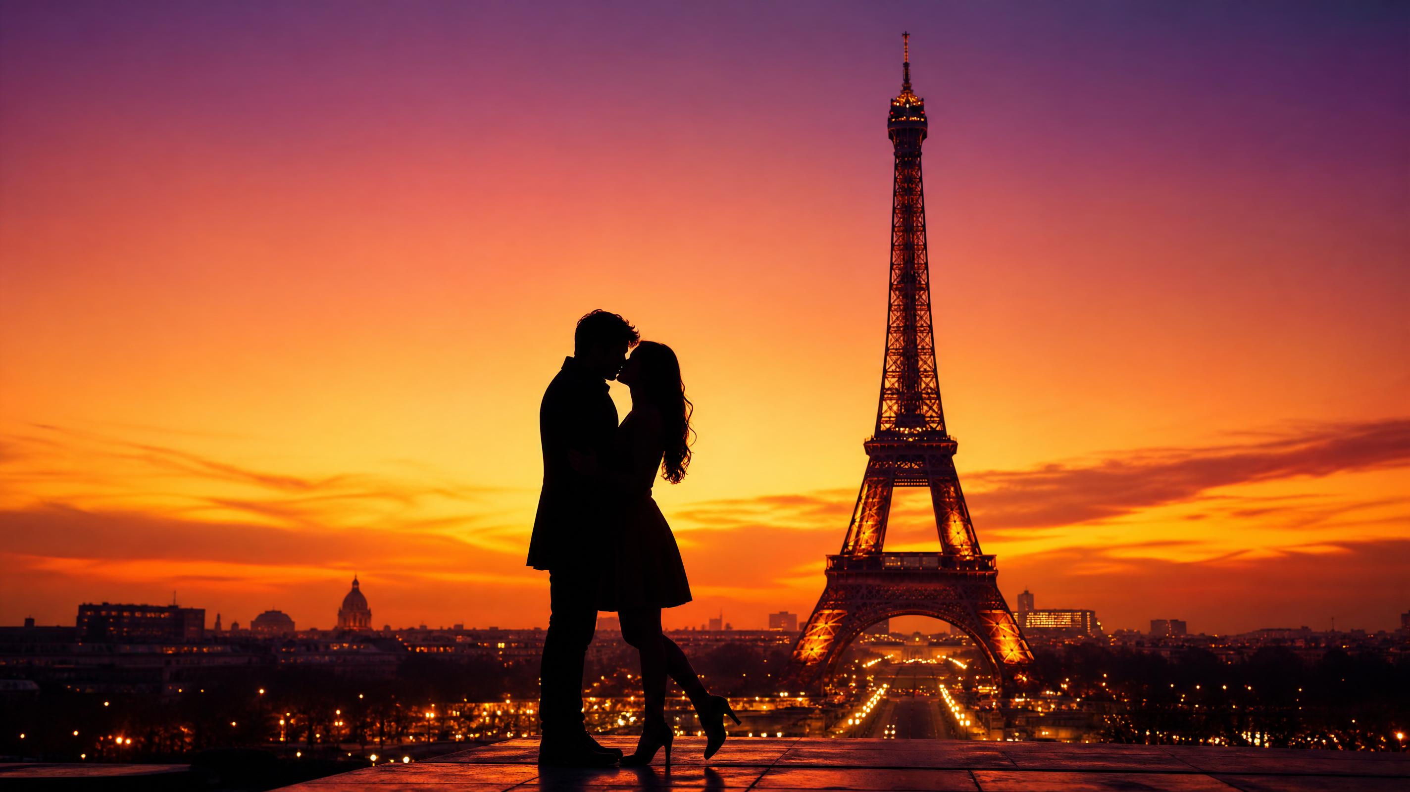 Pareja en silueta besándose frente a la Torre Eiffel con cielo naranja y púrpura