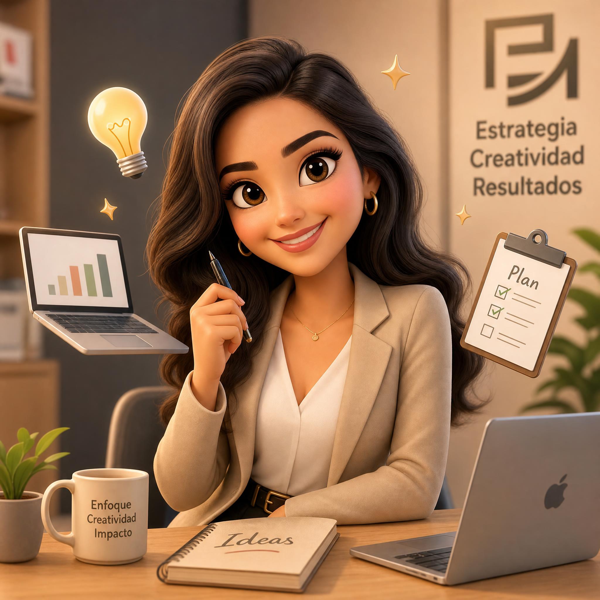 Caricatura en 3D de una persona rodeada de objetos relacionados con su profesión