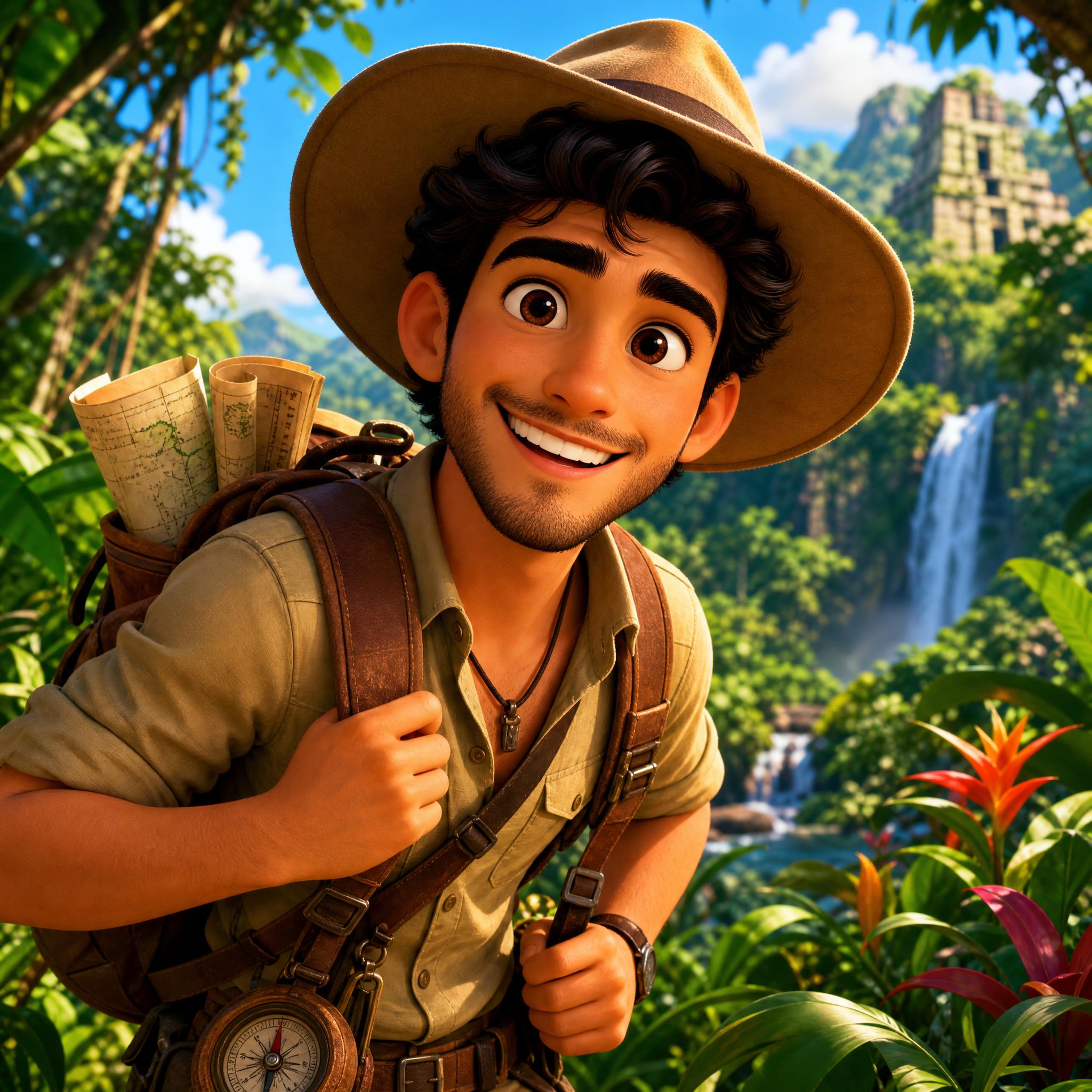 Caricatura en 3D de una persona vestida de exploradora con selva tropical de fondo