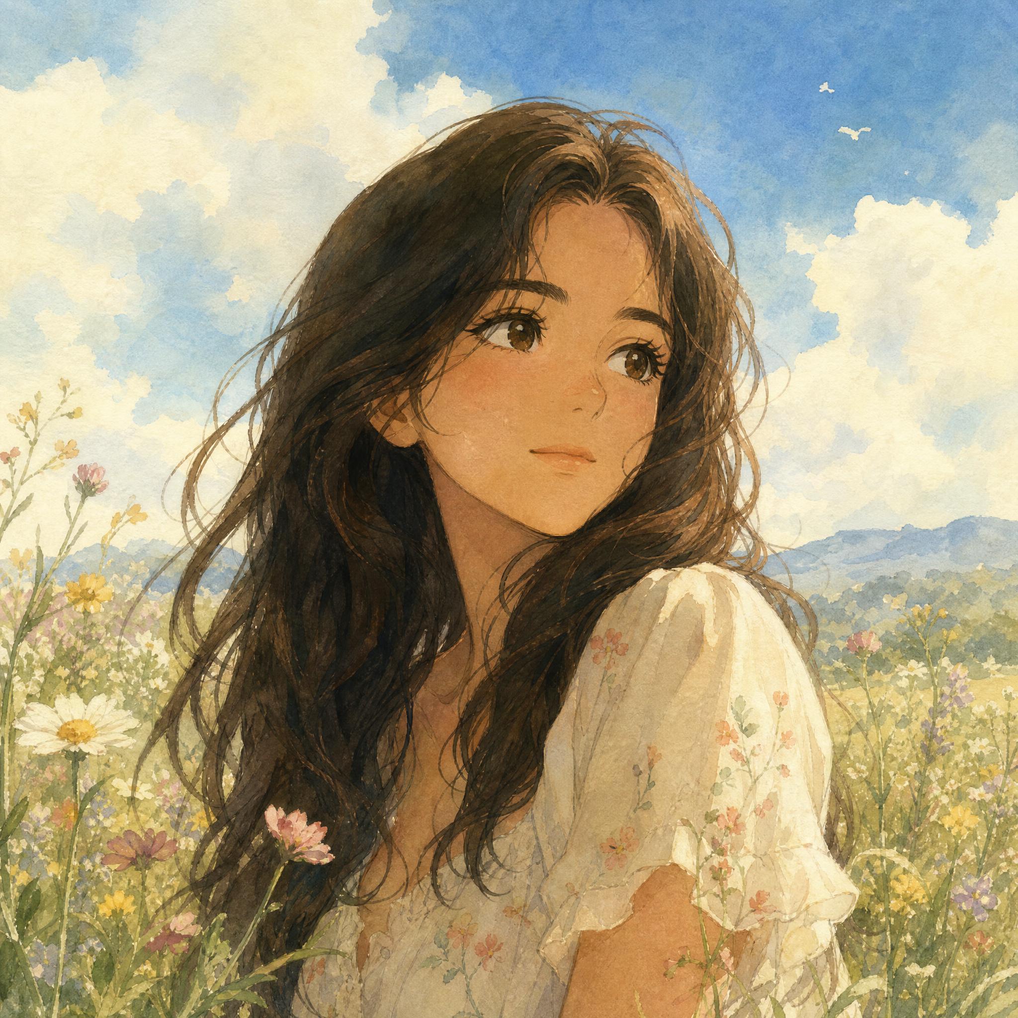 Retrato ilustrado en acuarela estilo anime con fondo de campo de flores silvestres