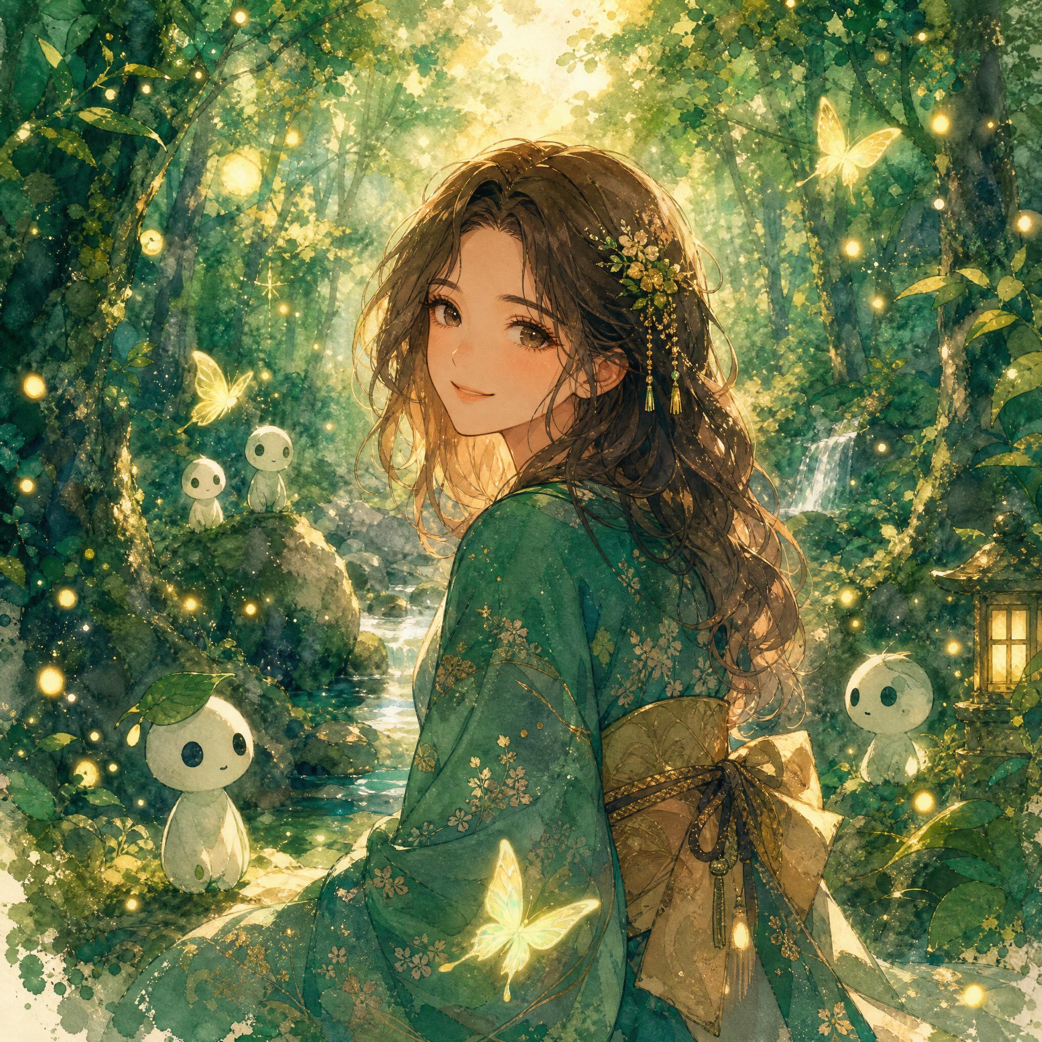Retrato ilustrado en acuarela digital rodeado de espíritus del bosque y luces flotantes